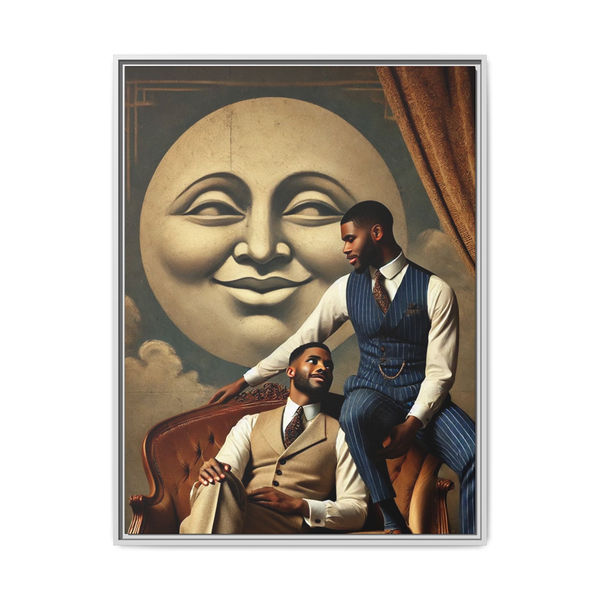 An elegant portrait of two Black men in vintage suits, seated affectionately beneath a smiling full moon. This 1920s-inspired artwork reclaims lost LGBTQ history, honoring Black queer love through style, softness, and resilience.