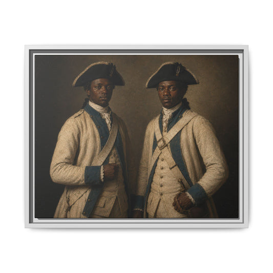 Historical Revolutionary War portrait featuring African-descended soldiers serving with the French Expeditionary Forces in America.