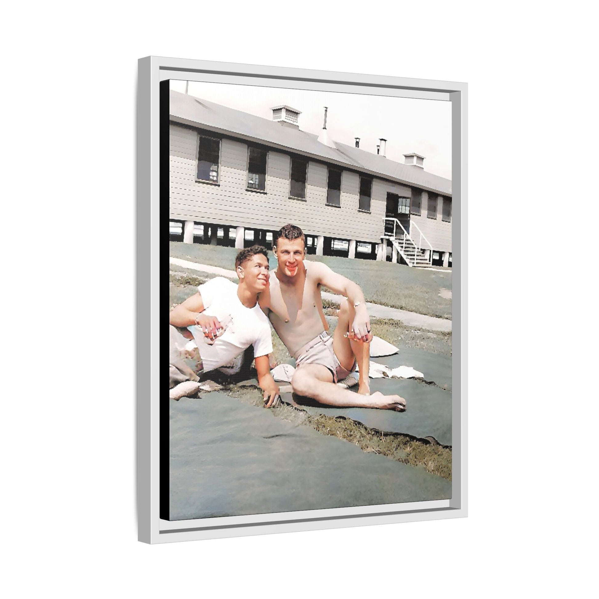 A framed vintage military portrait on matte canvas featuring Wayne and Jerry at Camp Blanding, Florida, capturing a timeless LGBTQ+ connection and companionship.
Gay Couple