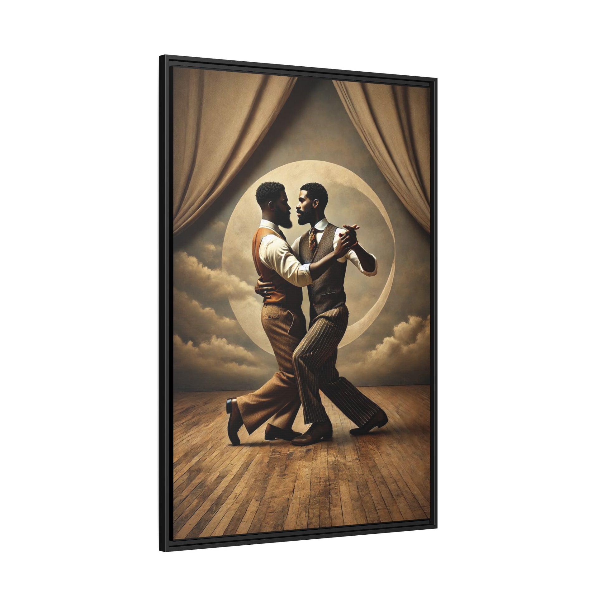 Original artwork of two Black men ballroom dancing in vintage 1920s suits under a glowing moon backdrop. A romantic and powerful tribute to queer love and Black history that reclaims moments lost to systemic bias and cultural erasure.