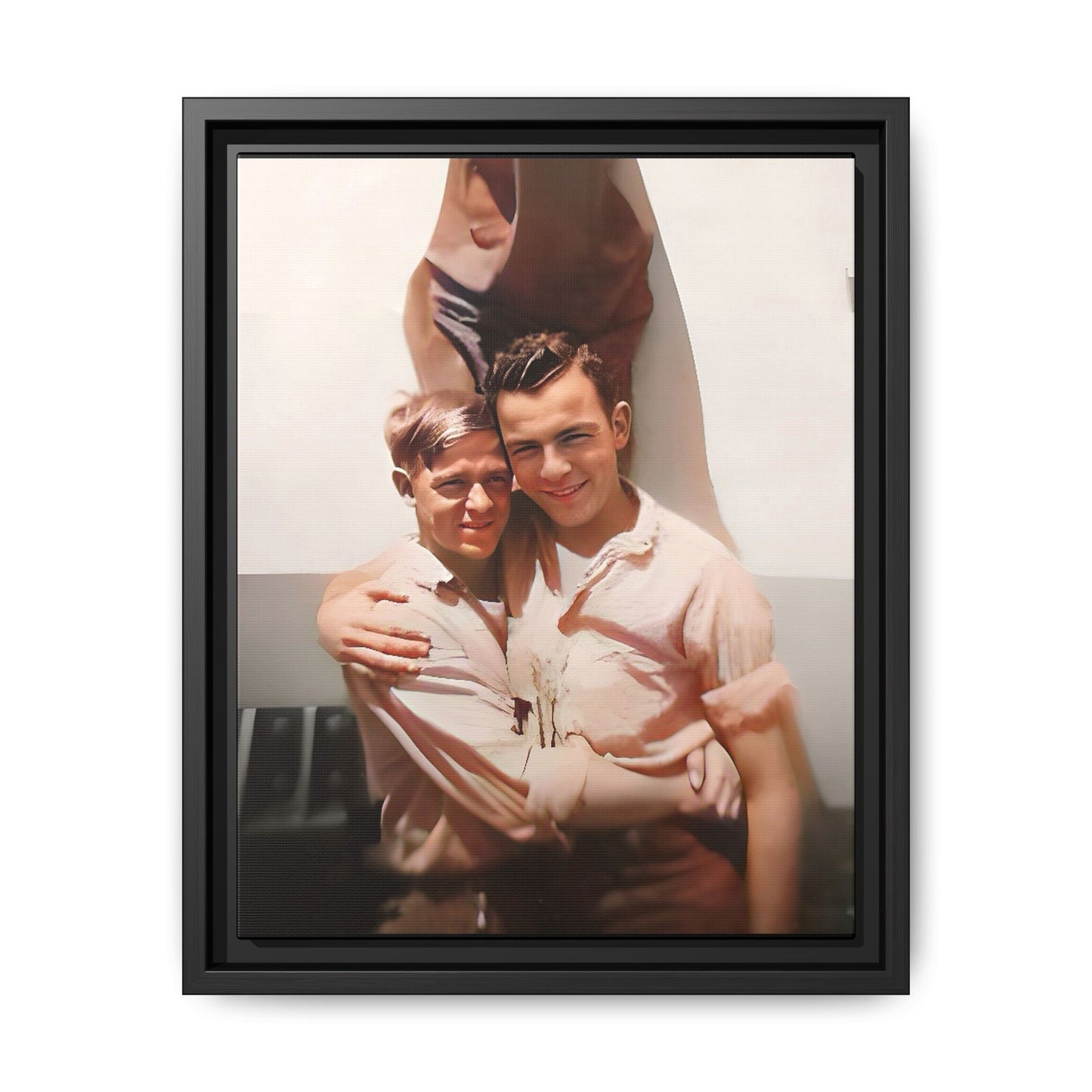 A framed vintage WWII-era portrait on matte canvas featuring Walter and Paul at Camp Shanks, NY, capturing love and resilience during wartime. Gay Couple