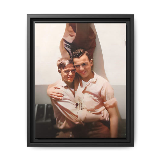 A framed vintage WWII-era portrait on matte canvas featuring Walter and Paul at Camp Shanks, NY, capturing love and resilience during wartime. Gay Couple