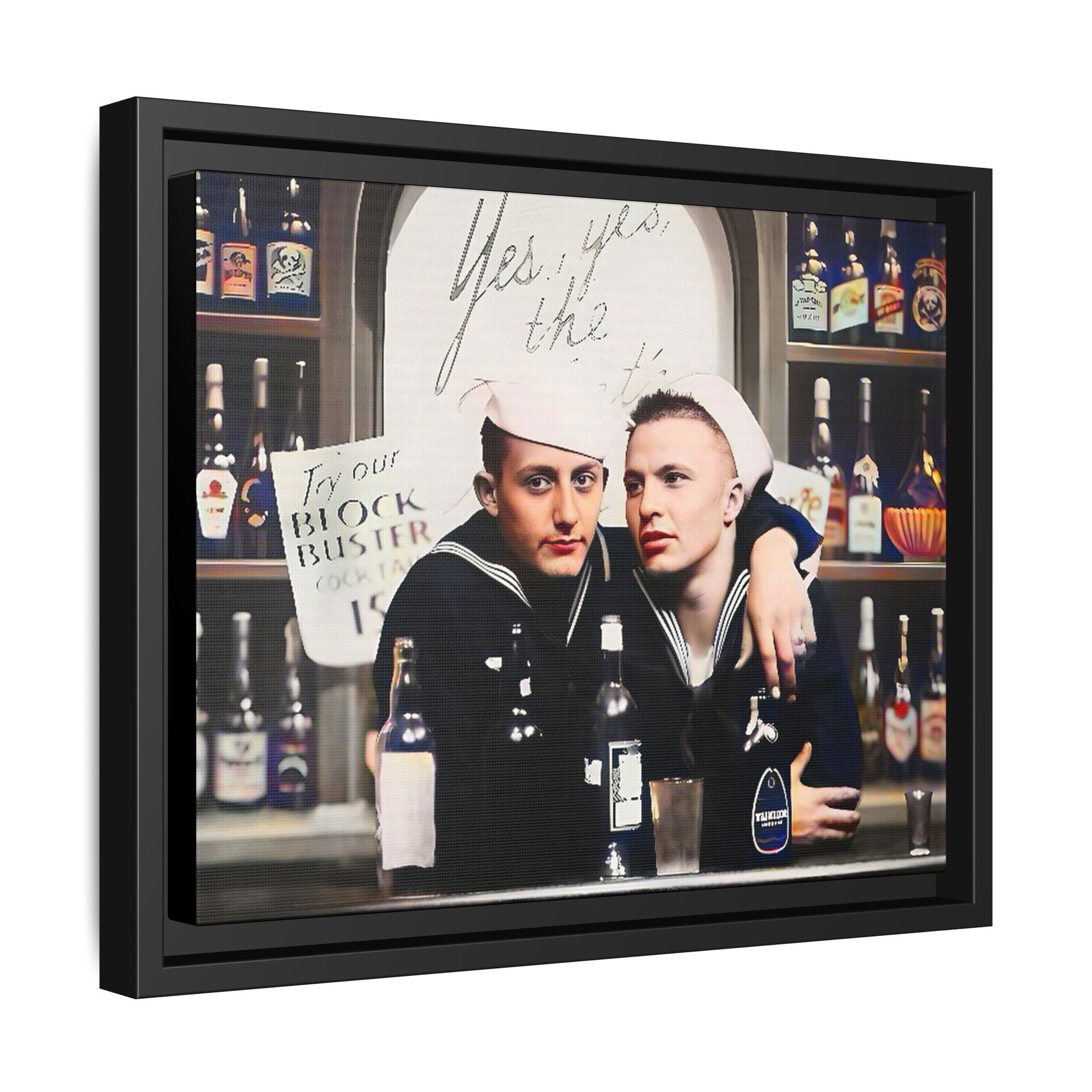 A restored vintage photo of Matt & Cory at Naval Air Station Alameda, CA. This framed matte canvas print captures camaraderie, LGBTQ+ history, and the spirit of military service, making it a unique and nostalgic keepsake for history lovers. Gay Couple Sailors
