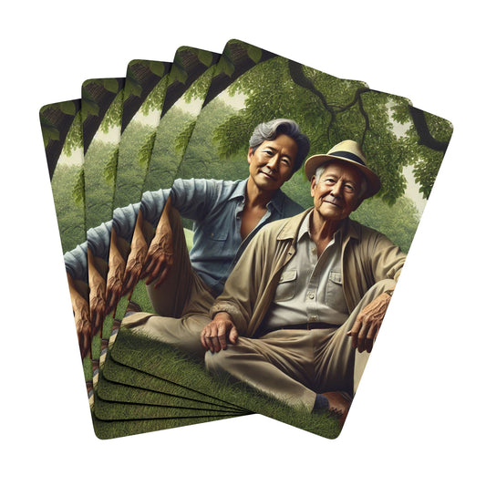 Queer Asian elders, 1920s rural Iowa, Grant Wood-inspired art, vintage poker deck, LGBTQ+ history and love.