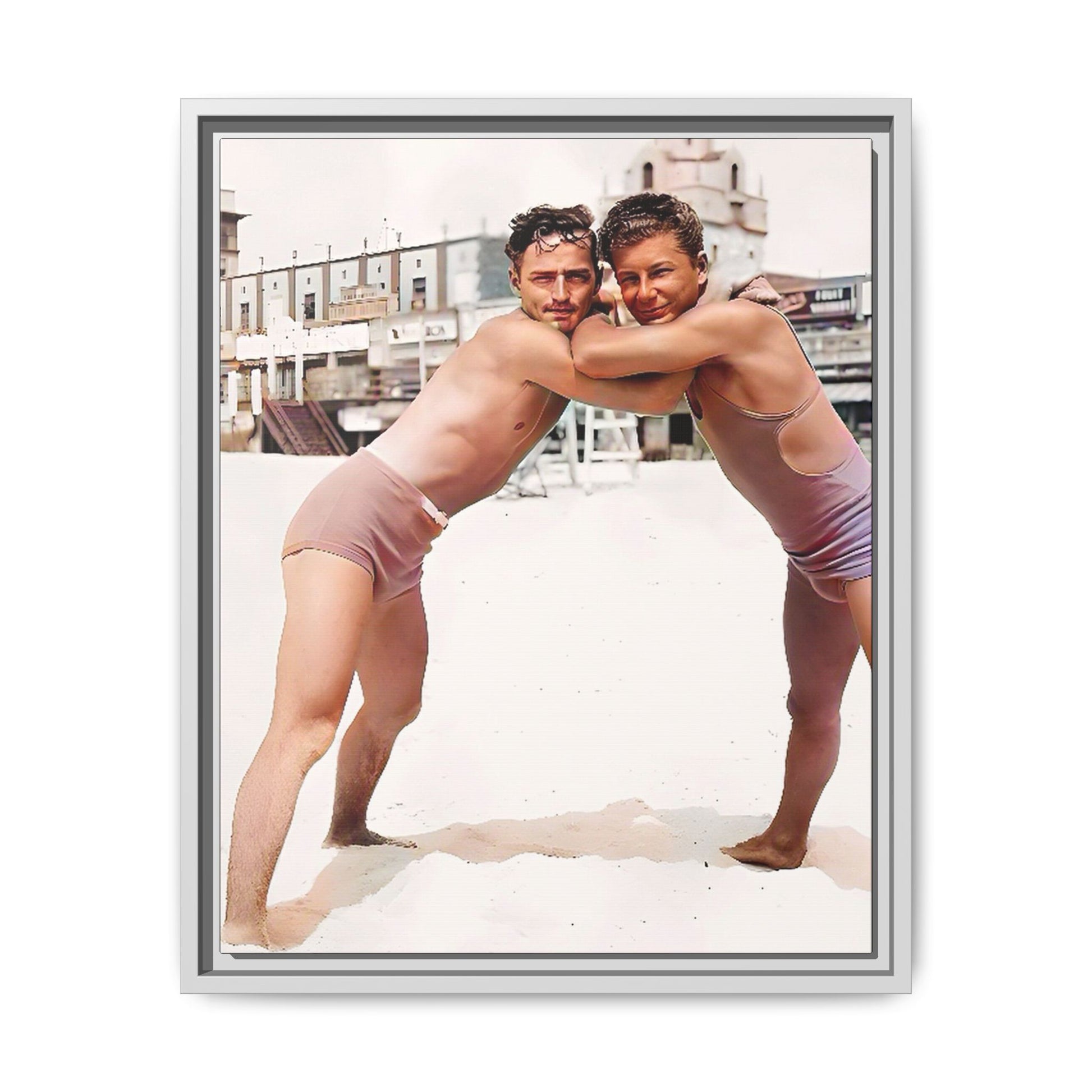 A vintage LGBTQ+ beach photo of Kenneth and Herman in Atlantic City, celebrating summer love and nostalgia. This restored and colorized canvas print captures the joy of seaside romance, making it a perfect addition to any vintage decor collection.