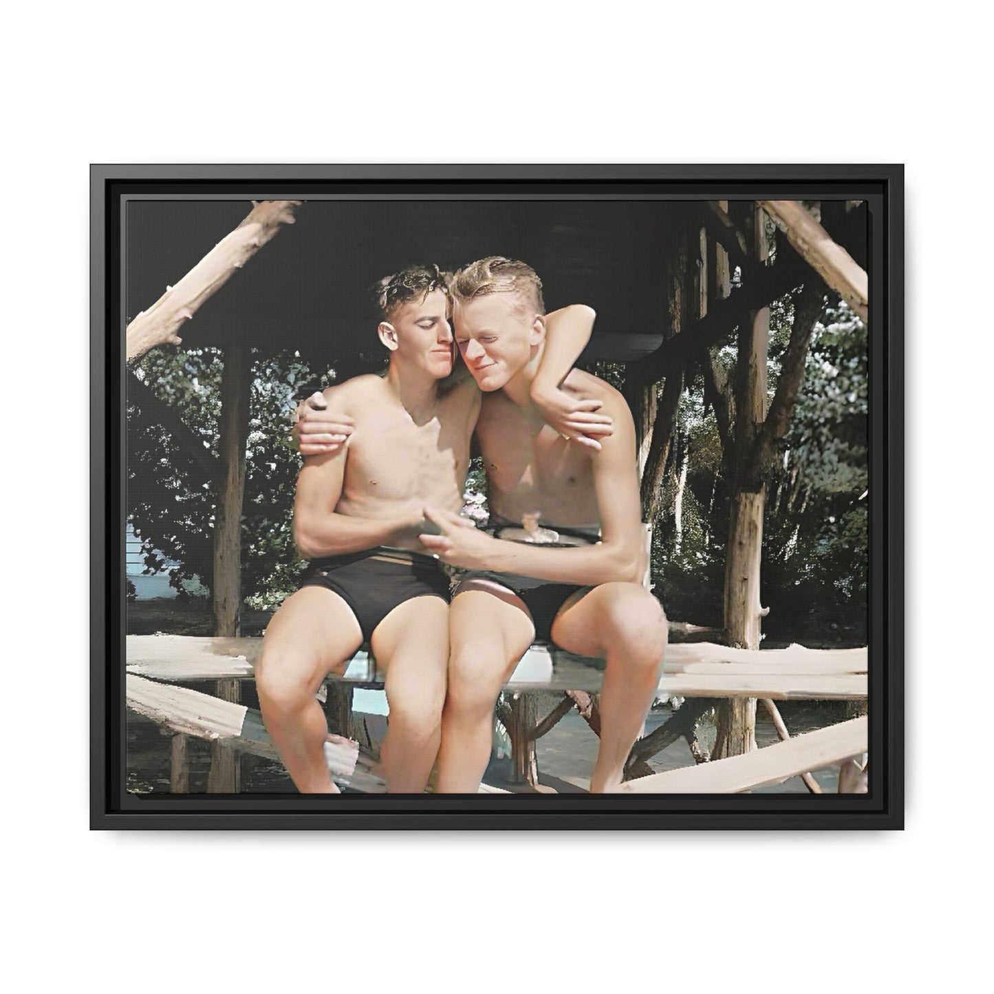 A vintage-inspired framed canvas print featuring Joseph and Billy at Kahena Beach, Hawaii. Their intimate moment under a sunlit pergola captures the warmth of love, freedom, and tropical serenity—perfect for coastal, LGBTQ+, and romantic home decor.