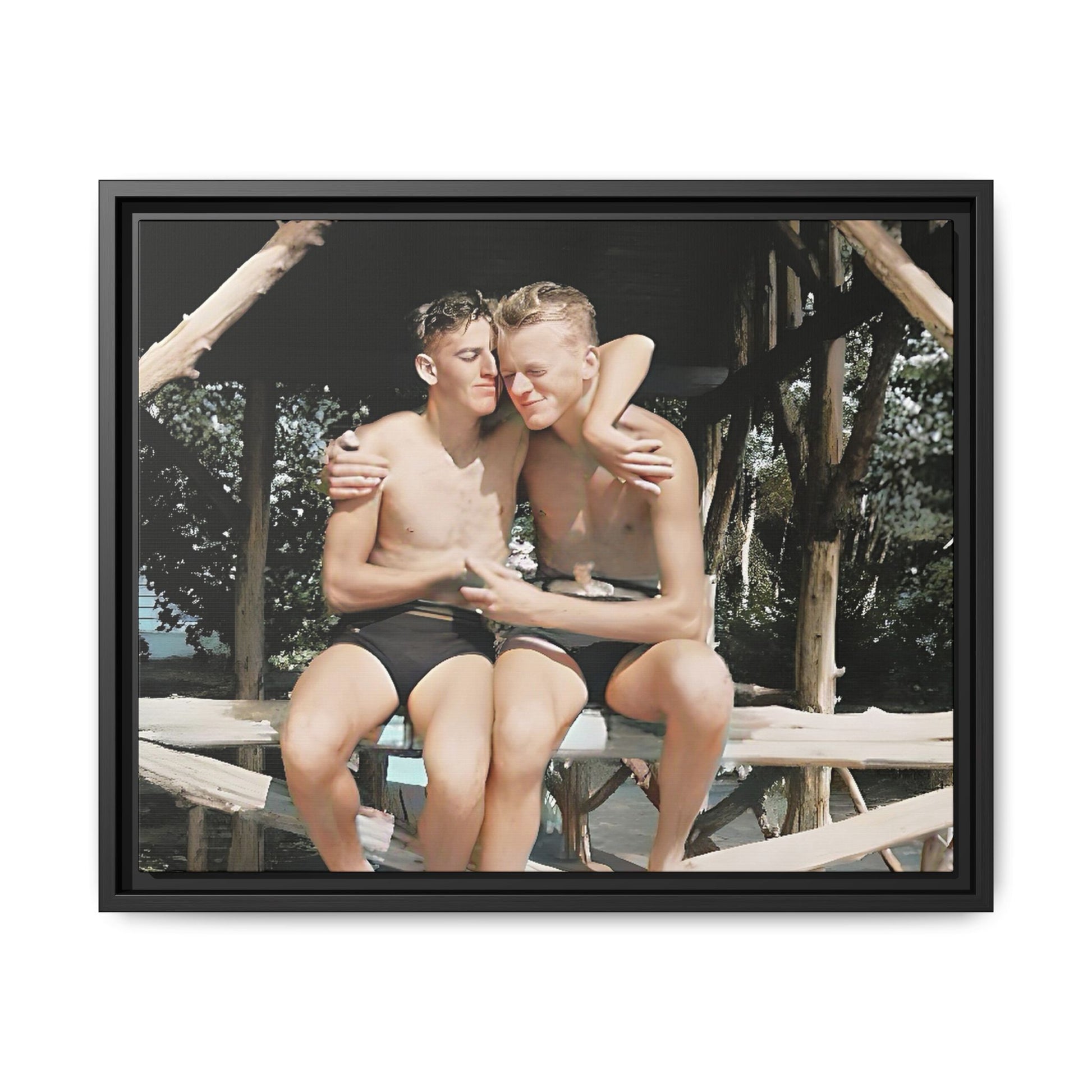 A vintage-inspired framed canvas print featuring Joseph and Billy at Kahena Beach, Hawaii. Their intimate moment under a sunlit pergola captures the warmth of love, freedom, and tropical serenity—perfect for coastal, LGBTQ+, and romantic home decor.