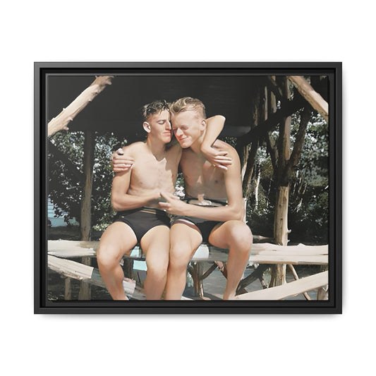 A vintage-inspired framed canvas print featuring Joseph and Billy at Kahena Beach, Hawaii. Their intimate moment under a sunlit pergola captures the warmth of love, freedom, and tropical serenity—perfect for coastal, LGBTQ+, and romantic home decor.