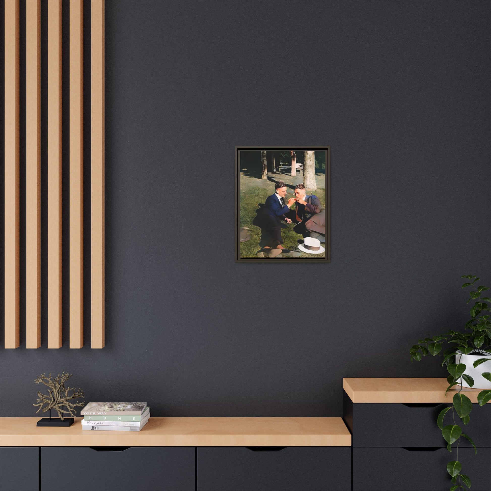 A framed vintage portrait on matte canvas featuring Oscar and Iván in Central Park, Manhattan, capturing timeless love and 1920s elegance. Gay Couple Queer History