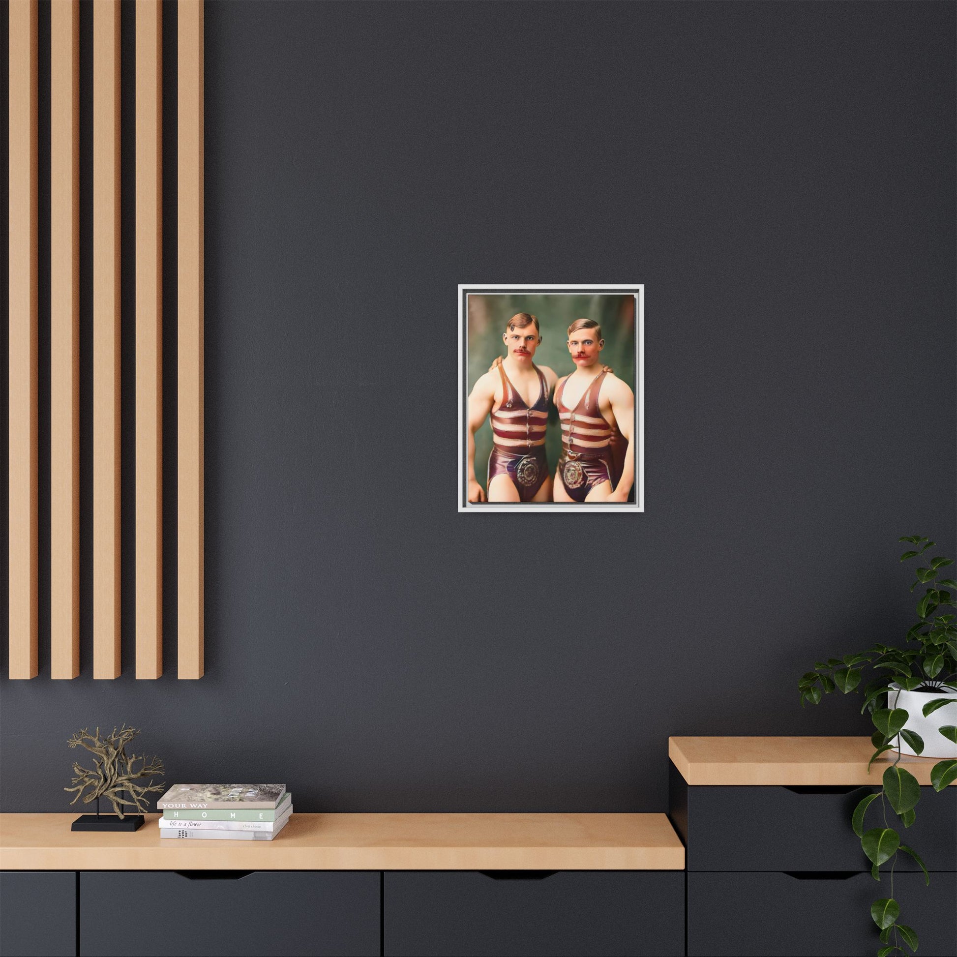 Restored early 1900s vintage photograph of Oscar and Herman in Pittsburgh, Pennsylvania, wearing striped singlets. Framed matte canvas art celebrating love, strength, and LGBTQ+ history. Gay Circus Couple Performers