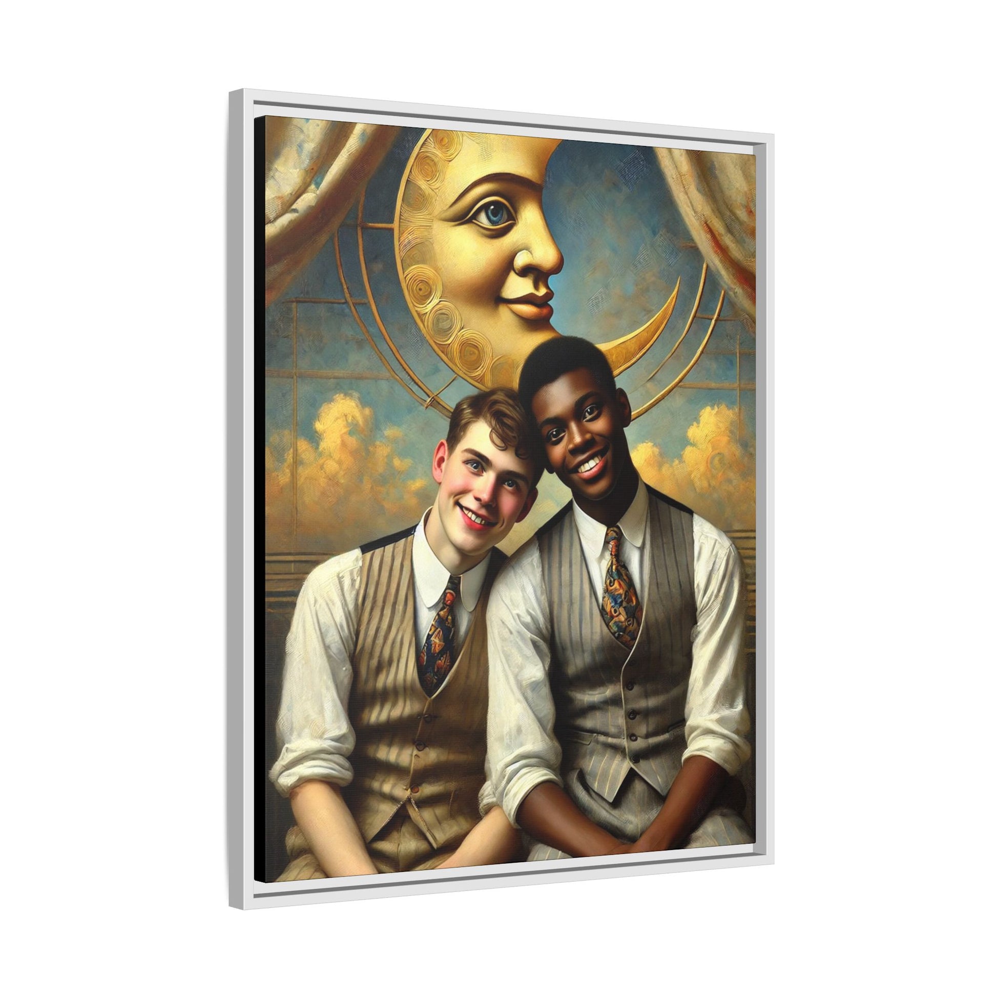 A vintage-style artwork showing a young interracial gay couple in 1920s attire sitting beneath a golden crescent moon with a serene expression. Their joyful closeness reclaims erased queer history and reflects the beauty of interracial love through a lens of tenderness and celebration.