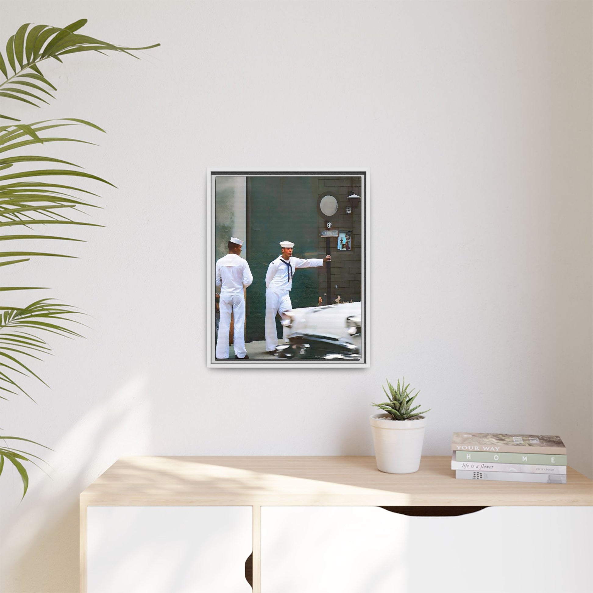 A restored vintage portrait of two sailors in Boystown, Northalsted, Chicago. This framed matte canvas celebrates LGBTQ+ history, urban charm, and community pride.