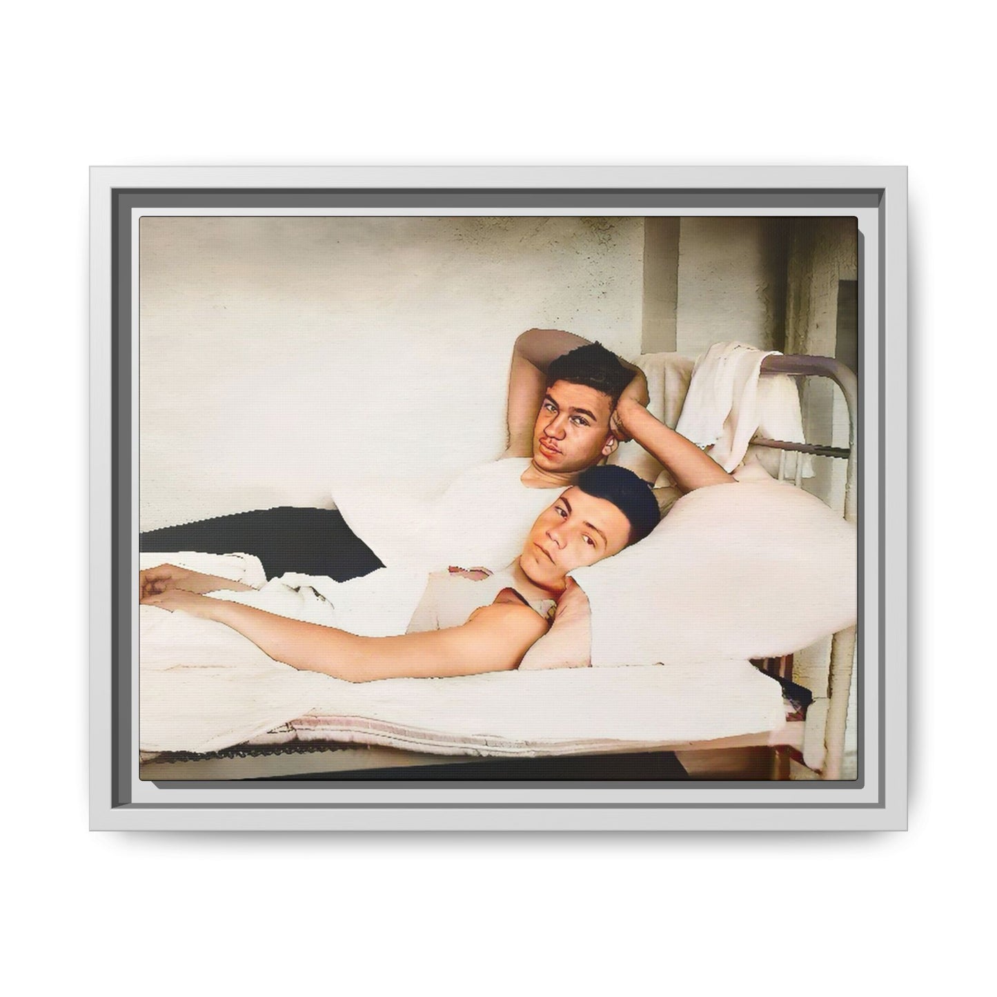 A vintage Gay couple portrait of Vernon & Jesse in Portland, Maine. This framed canvas print captures an intimate and heartfelt moment, making it a timeless addition to any home decor or a meaningful gift celebrating love and history.