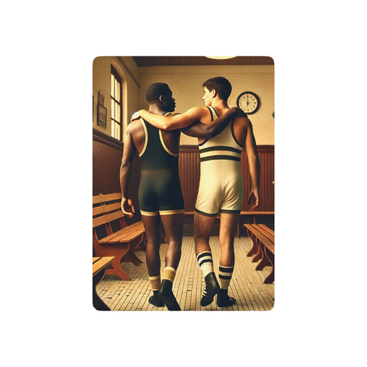 Vintage-inspired poker deck featuring two wrestlers walking arm in arm, evoking trust, resilience, and queer sports history.