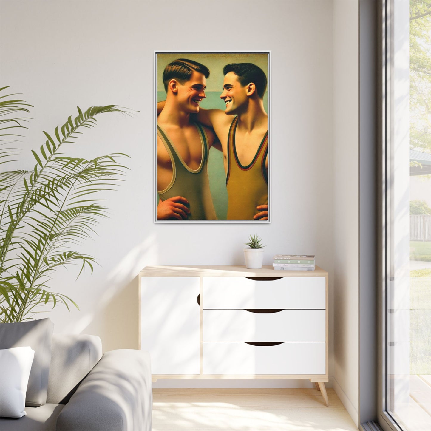 Framed artwork of two young wrestlers in vintage singlets sharing a candid moment, inspired by Grant Wood's Regionalist art style.