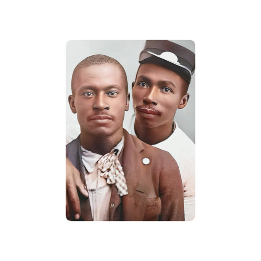Vintage poker cards featuring a restored studio portrait of two African American men, honoring Black queer history and love. Black Love