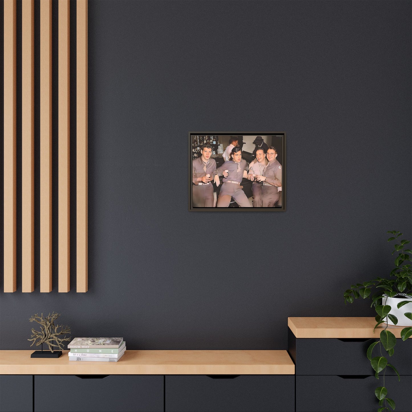 Restored vintage photograph of soldiers in uniform gathered at Jackson's gay bar in mid-20th century San Francisco. Framed matte canvas print celebrating camaraderie, resilience, and LGBTQ+ history