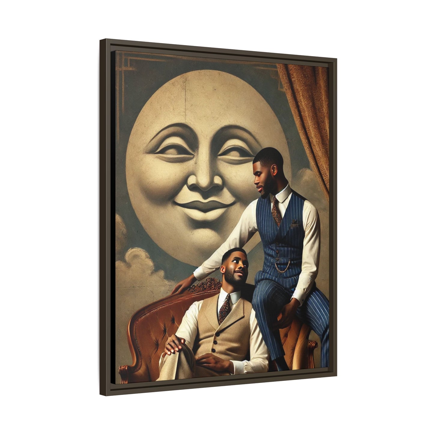 An elegant portrait of two Black men in vintage suits, seated affectionately beneath a smiling full moon. This 1920s-inspired artwork reclaims lost LGBTQ history, honoring Black queer love through style, softness, and resilience.
