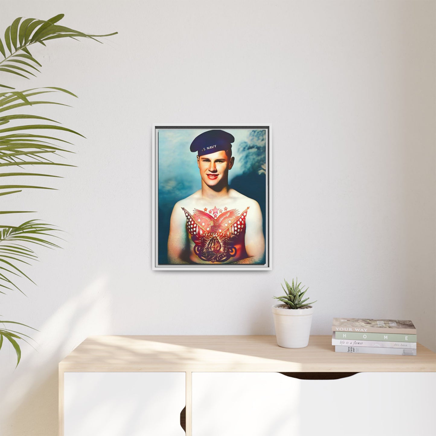 A striking vintage portrait of Charlie, a proud U.S. Navy sailor at Norfolk Navy Yard, showcasing a patriotic tattoo. This framed matte canvas print celebrates military history, individuality, and LGBTQ+ representation—perfect for collectors and history enthusiasts.