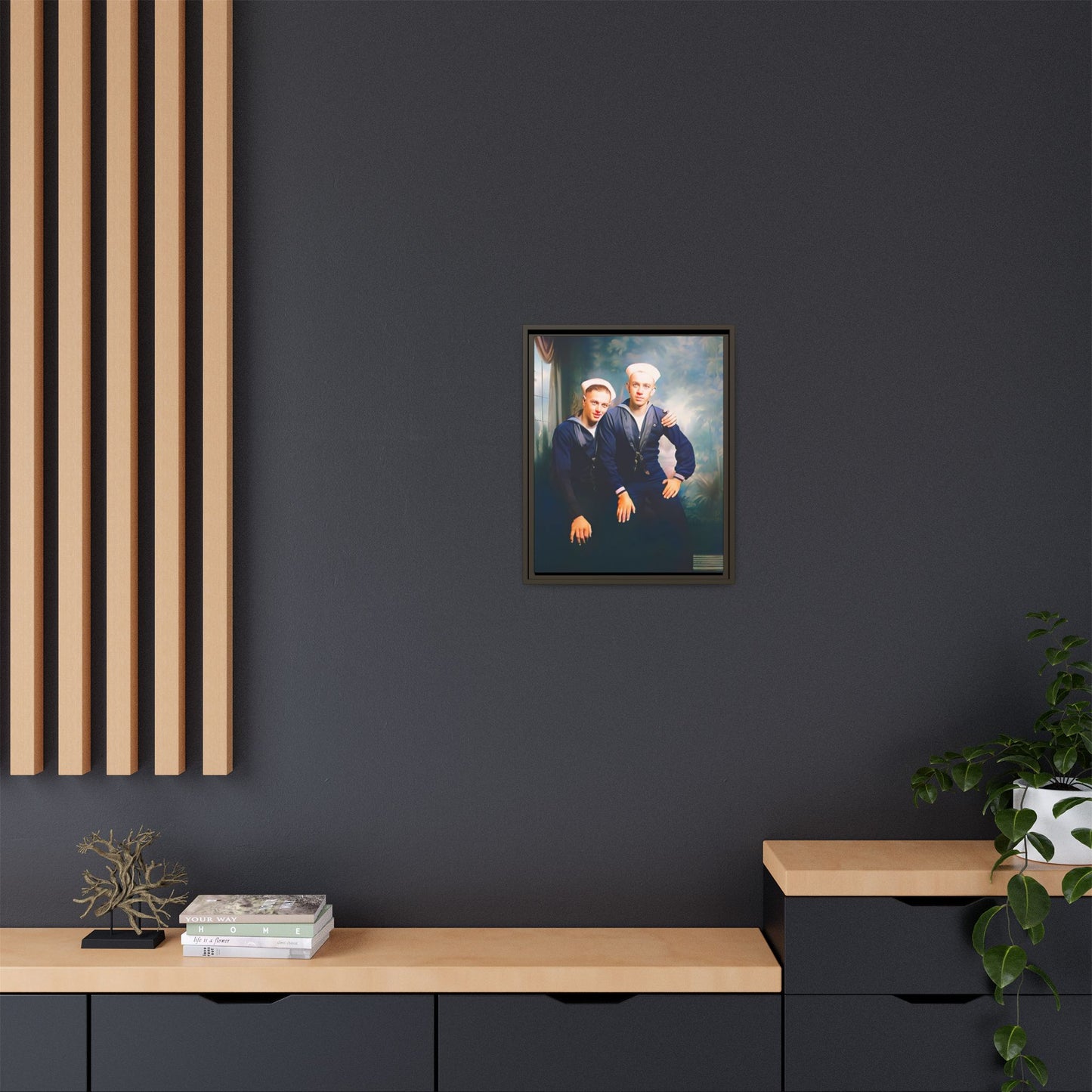 A restored vintage naval portrait of Thomas & Ervin at Naval Station Newport, Rhode Island. This framed matte canvas honors LGBTQ+ history, military service, and timeless camaraderie. Gay Couple