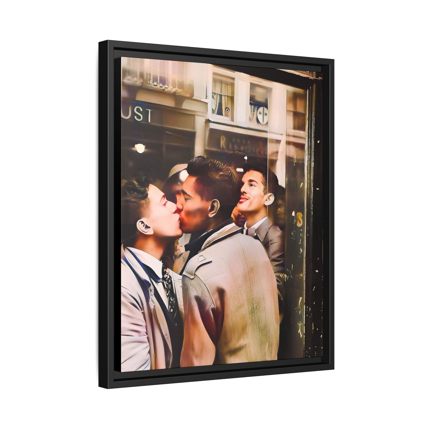 A restored 1950s LGBTQ+ couple portrait of Alejandro & Lorenzo at Mayfair Bar, NYC. A romantic queer history print on matte canvas, capturing love, resilience, and authenticity in a vibrant nightlife setting.