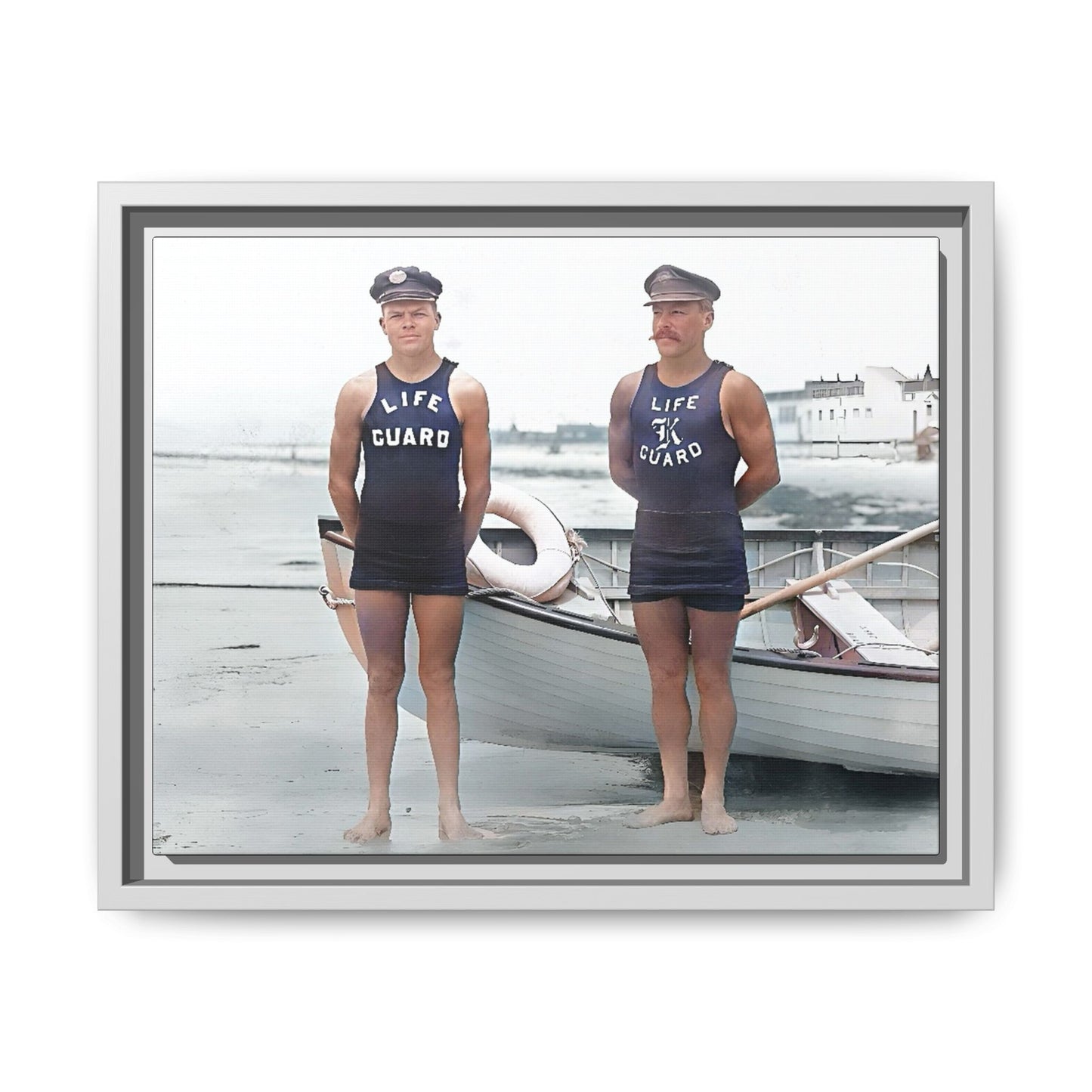 A nostalgic framed canvas print of vintage lifeguards in Cape May, NJ. This coastal artwork captures the charm of early 20th-century beach life, making it perfect for lovers of maritime history, seaside decor, and Americana enthusiasts.