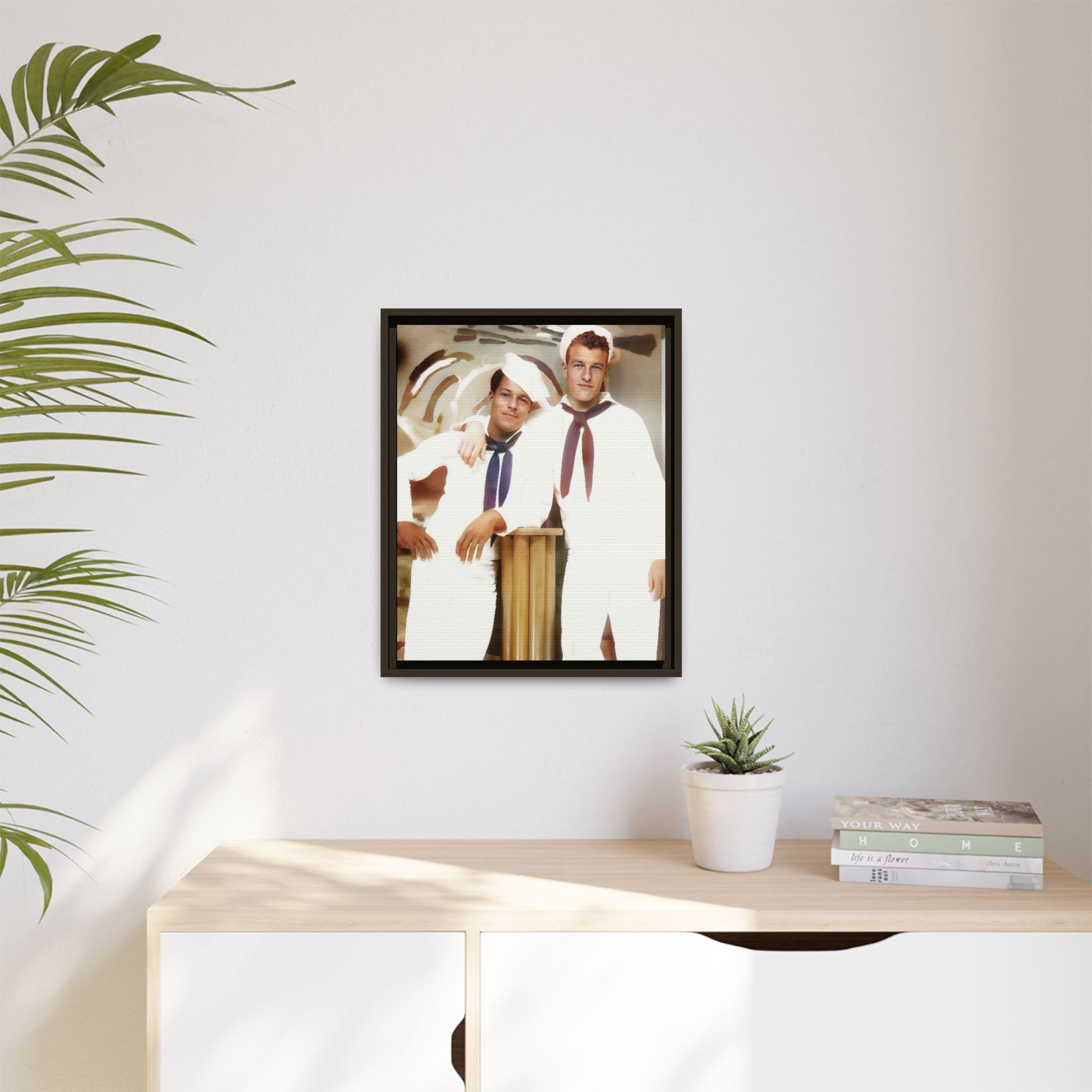 Vintage portrait of Leo & Russel aboard the USS South Dakota. Dressed in crisp naval whites, this LGBTQ+ military art print honors love, service, and history. A perfect addition for collectors, history lovers, and those who cherish authentic connections. African American Gay Juneteenth Black History Month Love Couple