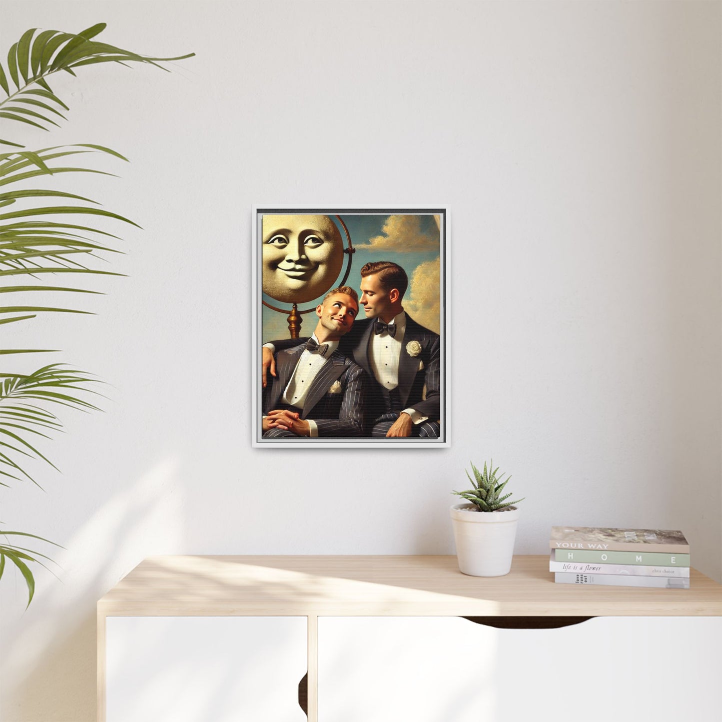 Framed matte canvas portrait featuring two young men in vintage overalls with a crescent moon prop above them. This artwork from the Missing Art Studies series reclaims LGBTQ+ imagery that may have been lost to bias, presenting warmth, intimacy, and presence.