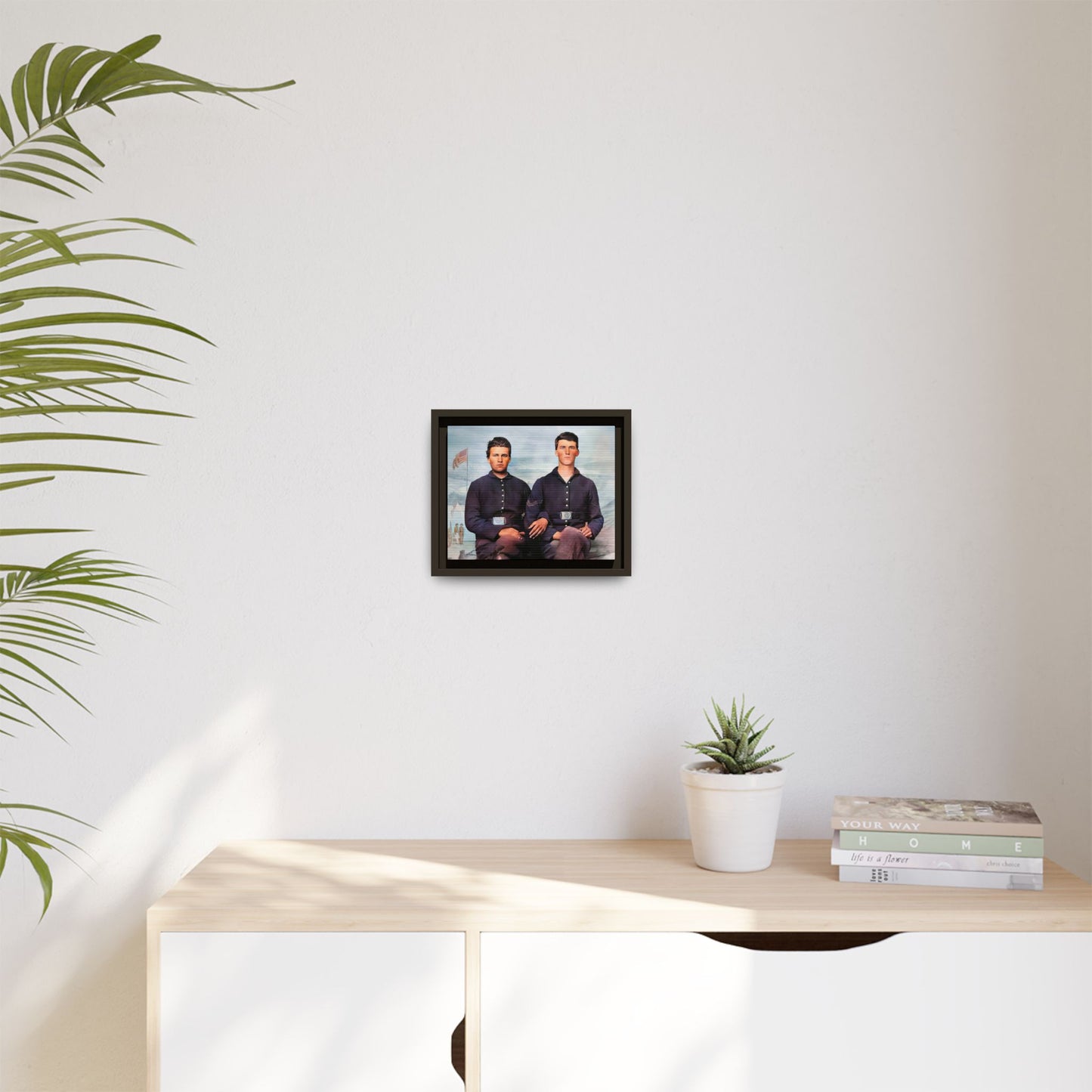 A framed vintage Civil War photo on matte canvas featuring two Union soldiers at Camp Curtin, honoring military history. Gay Couple