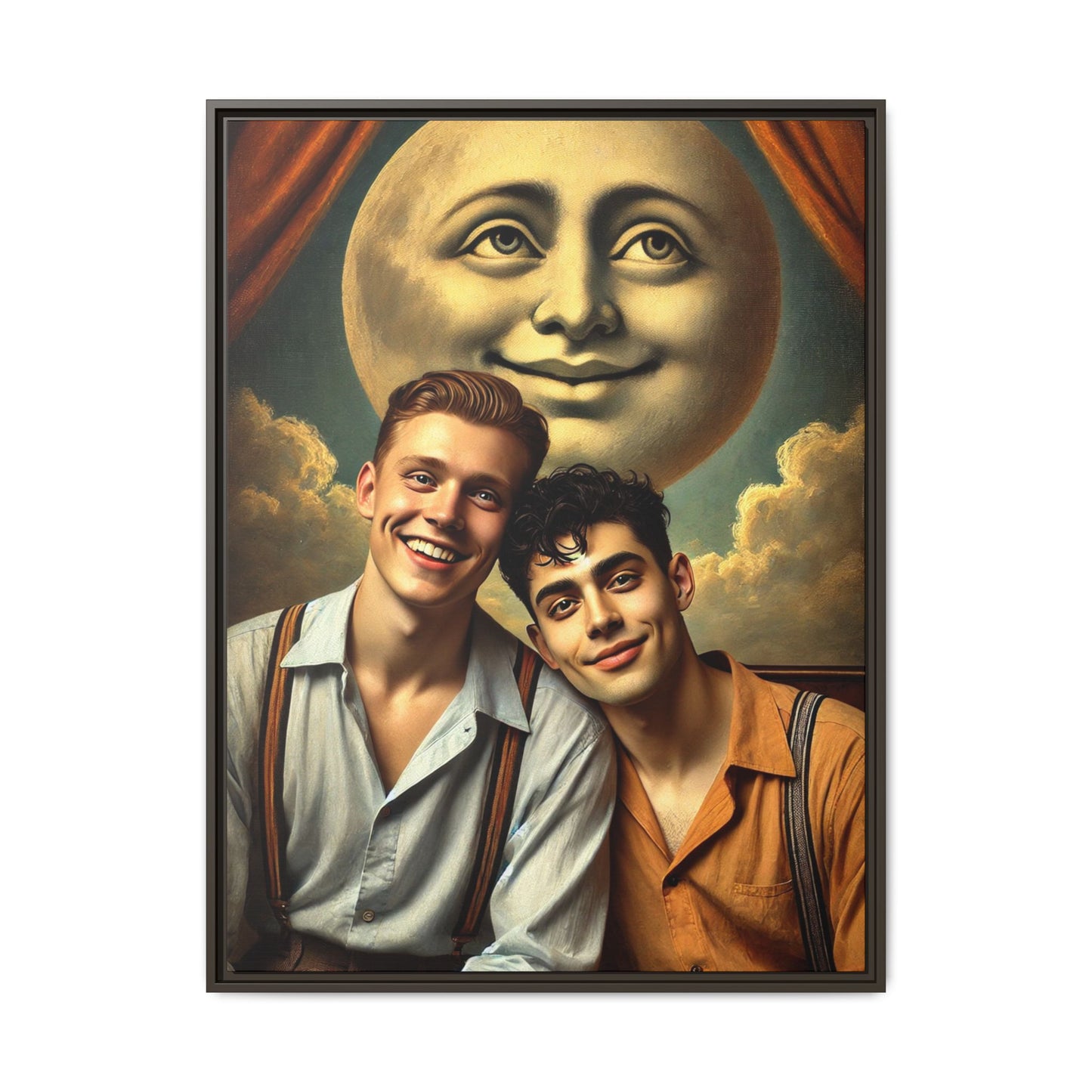 Framed artwork featuring a joyful queer couple in 1930s attire, seated close together beneath a smiling full moon in a theatrical studio setting. A celebration of reclaimed LGBTQ+ narratives in nostalgic portraiture.