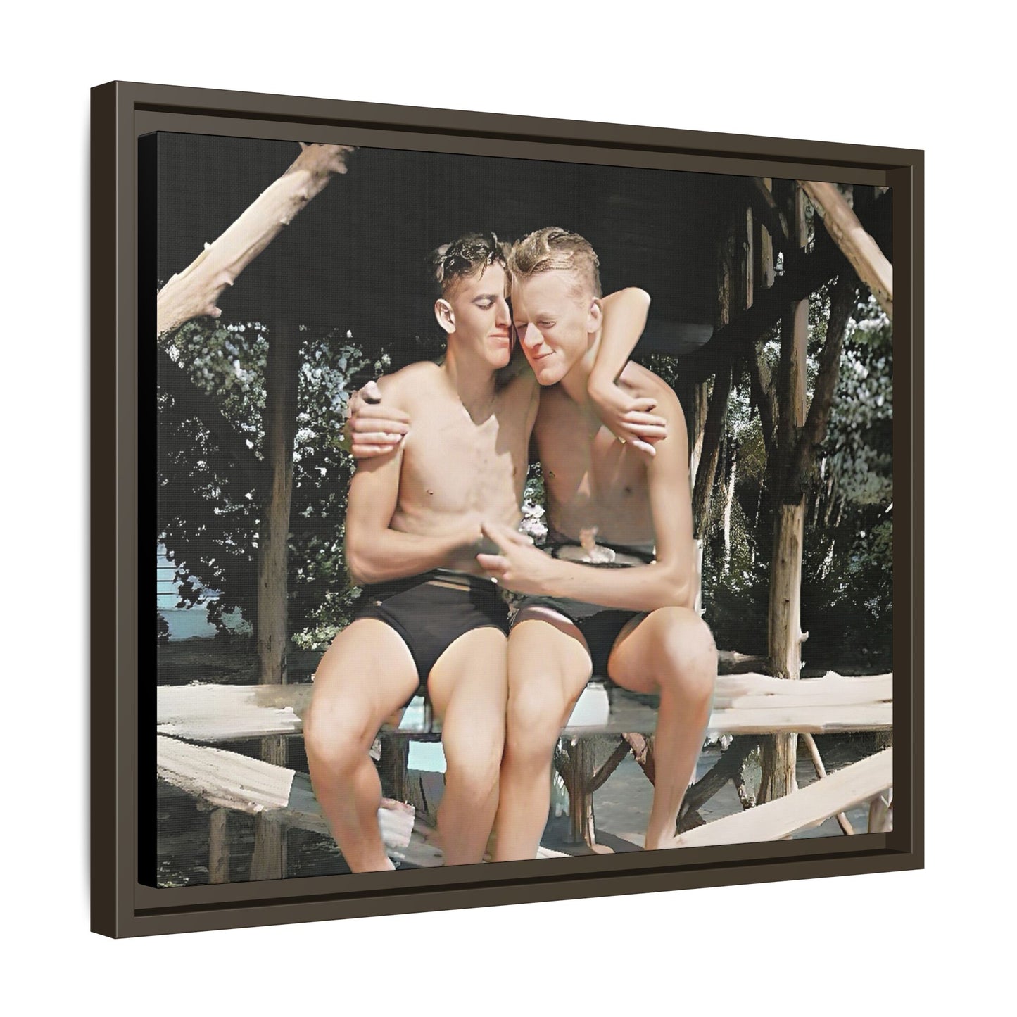 A vintage-inspired framed canvas print featuring Joseph and Billy at Kahena Beach, Hawaii. Their intimate moment under a sunlit pergola captures the warmth of love, freedom, and tropical serenity—perfect for coastal, LGBTQ+, and romantic home decor.