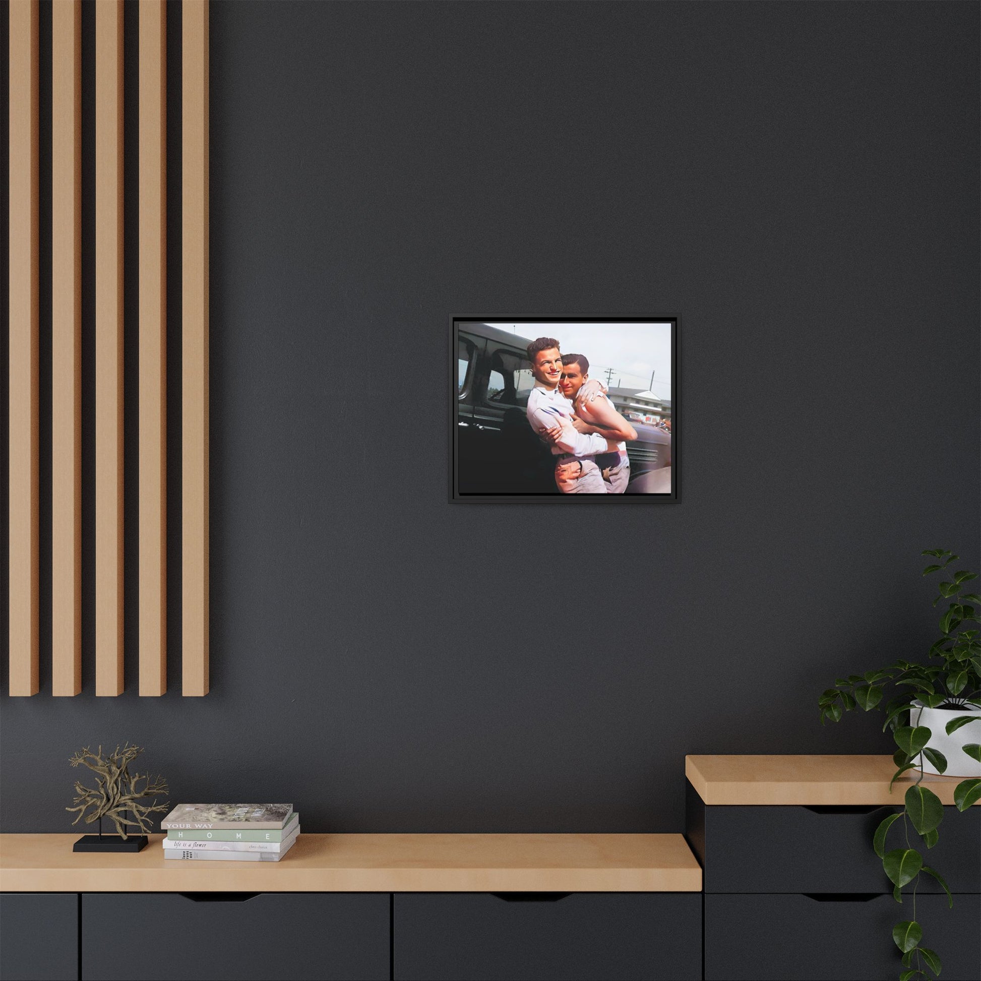 A framed vintage love portrait on matte canvas featuring Henry and Raymond in Peoria, Illinois, capturing timeless LGBTQ+ connection and joy. Gay Couple