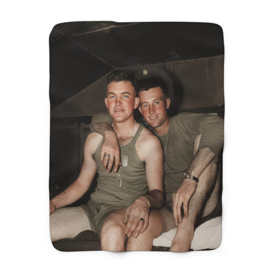 Heirloom sherpa blanket featuring two young servicemen seated together on a bunk