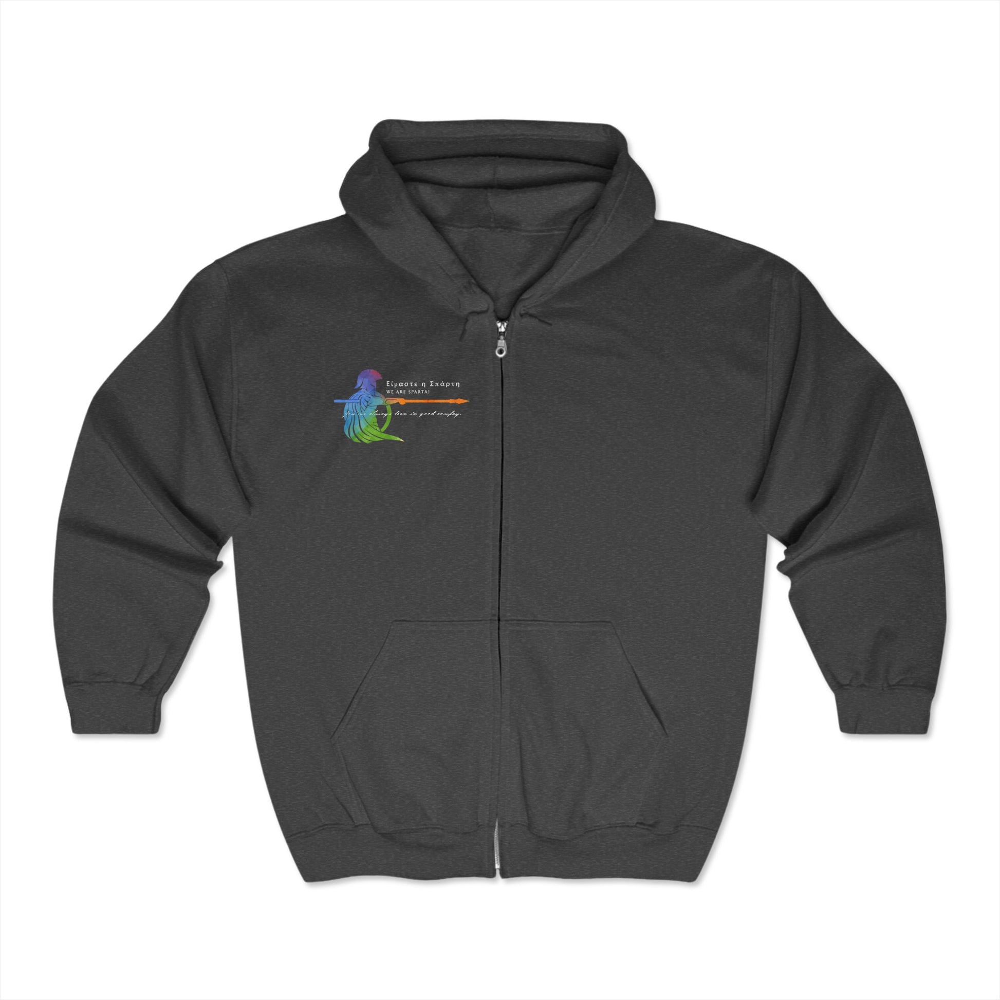 Rainbow Spartan Pride Hoodie with Greek phrase "We Are Sparta" celebrating LGBTQIA courage and unity