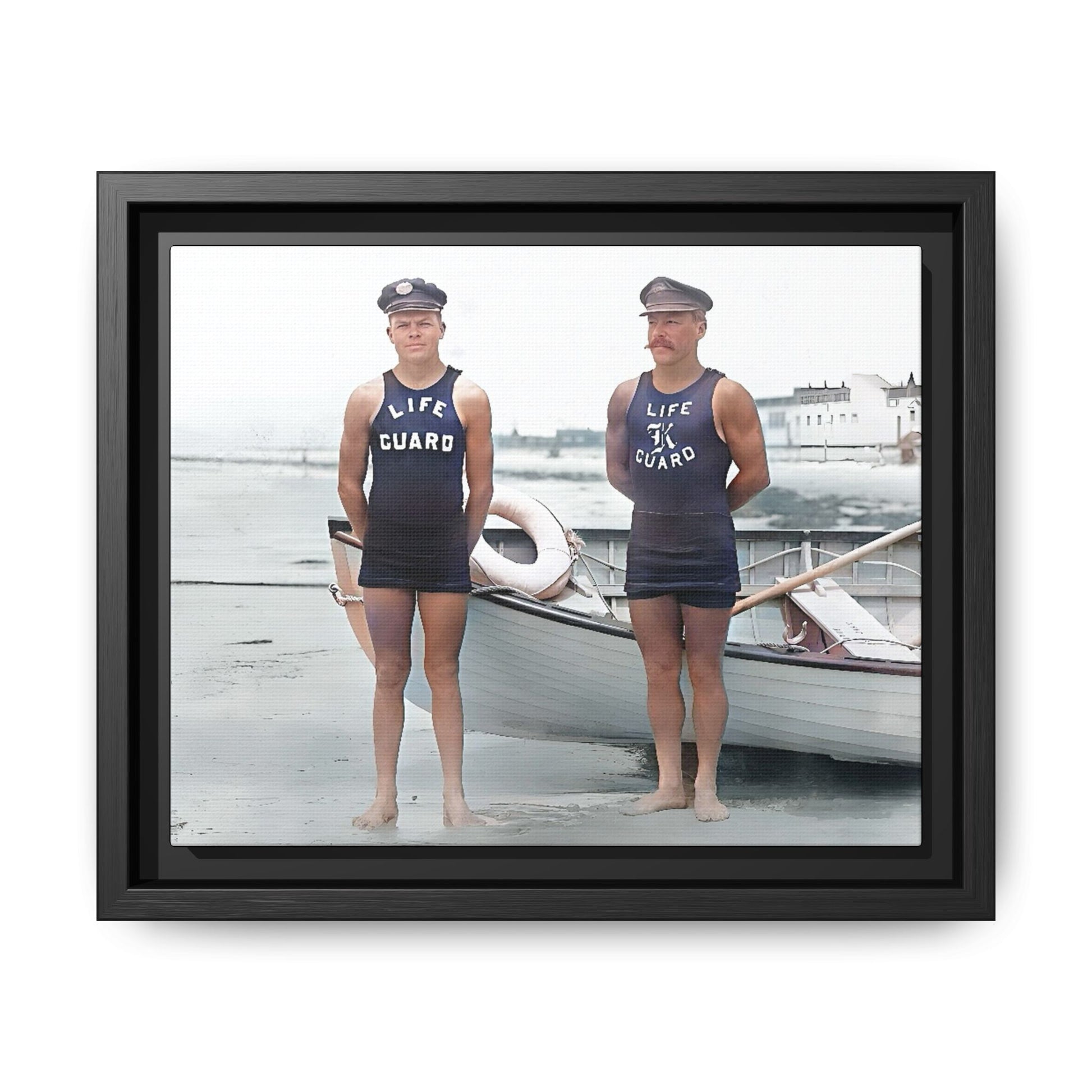 A nostalgic framed canvas print of vintage lifeguards in Cape May, NJ. This coastal artwork captures the charm of early 20th-century beach life, making it perfect for lovers of maritime history, seaside decor, and Americana enthusiasts.