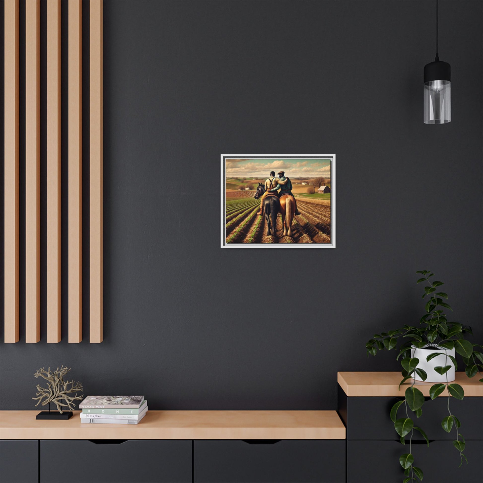 Artwork of an African-American gay couple riding horseback through expansive farmland, sharing a tender moment as they overlook lush fields. Dressed in rugged vintage attire, this scene captures resilience, love, and the charm of rural life, celebrating LGBTQ+ history and African-American heritage.