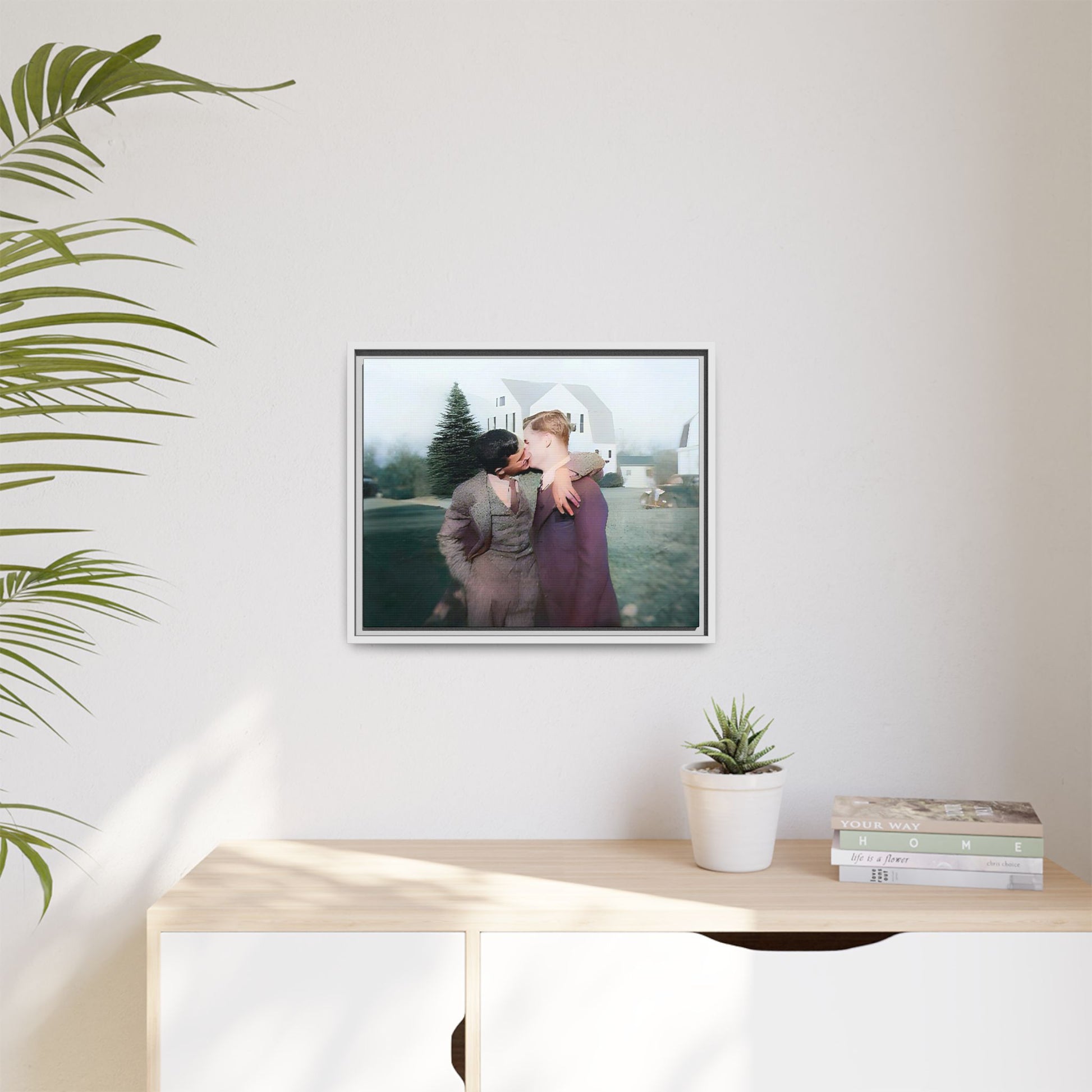 A vintage LGBTQ+ portrait of Milton & Shawn in Londonderry, NH. This framed matte canvas captures a timeless moment of love and resilience, making it a perfect piece for collectors, history enthusiasts, and those celebrating love in all forms. Gay Couple Art