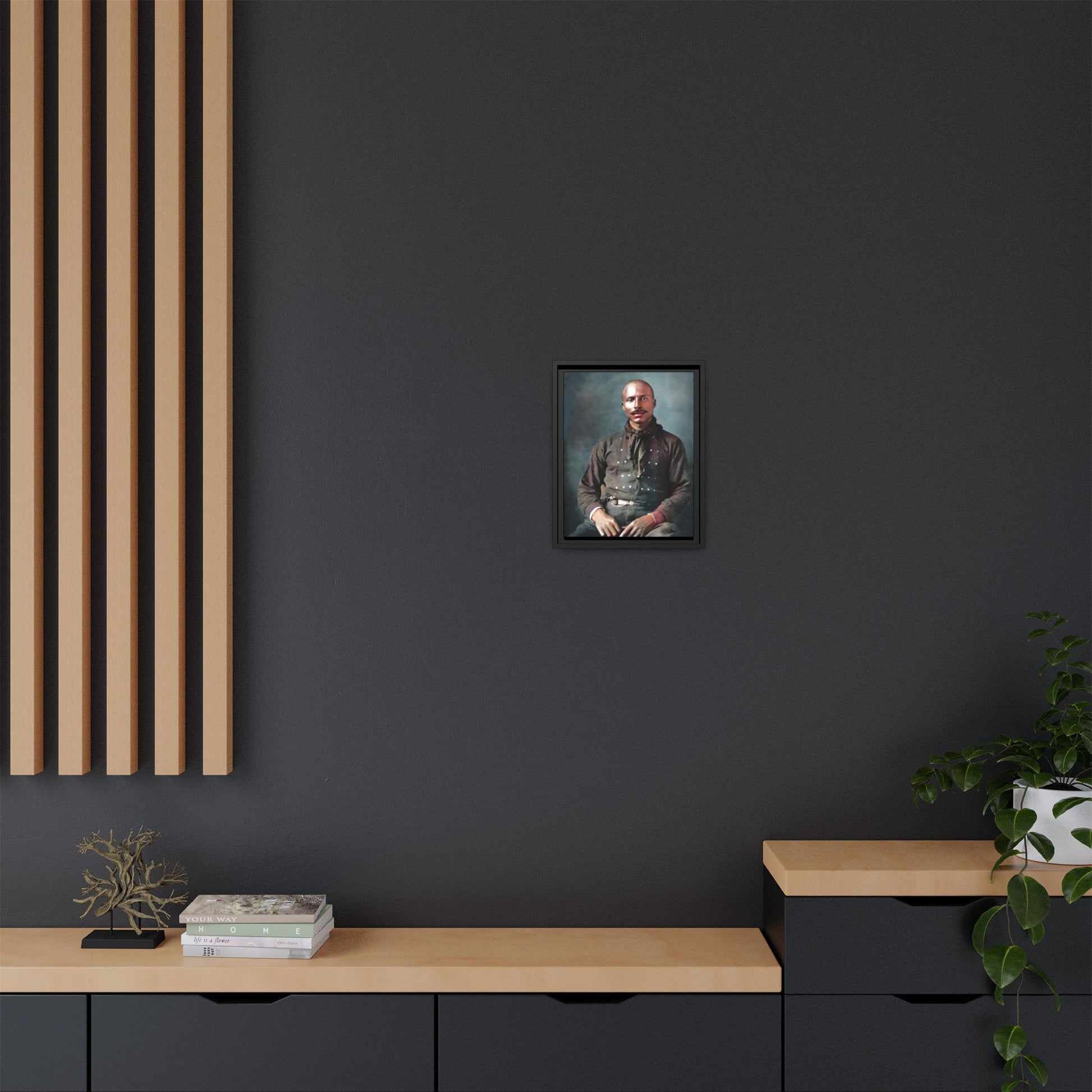 A vintage Western portrait of Jorge, capturing the rugged charm of the Old West in Mesa, Arizona. This framed matte canvas showcases resilience and classic cowboy style, perfect for rustic, Western, or Americana-inspired decor. Hispanic Latino