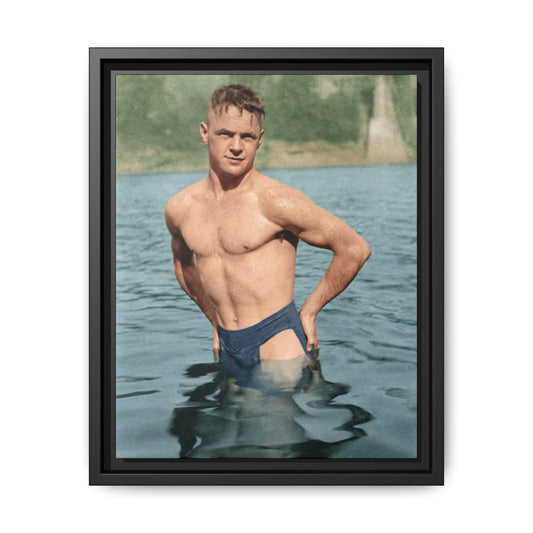 Framed vintage canvas wall art showing a single bather standing waist-deep in a lake