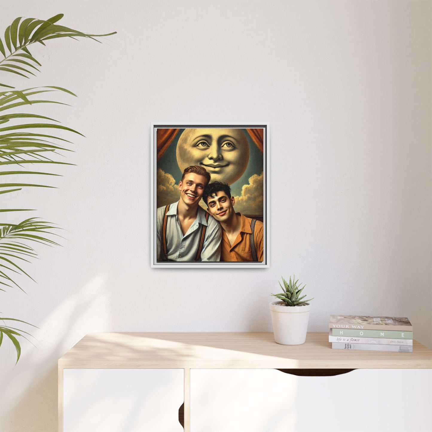 Framed artwork featuring a joyful queer couple in 1930s attire, seated close together beneath a smiling full moon in a theatrical studio setting. A celebration of reclaimed LGBTQ+ narratives in nostalgic portraiture.