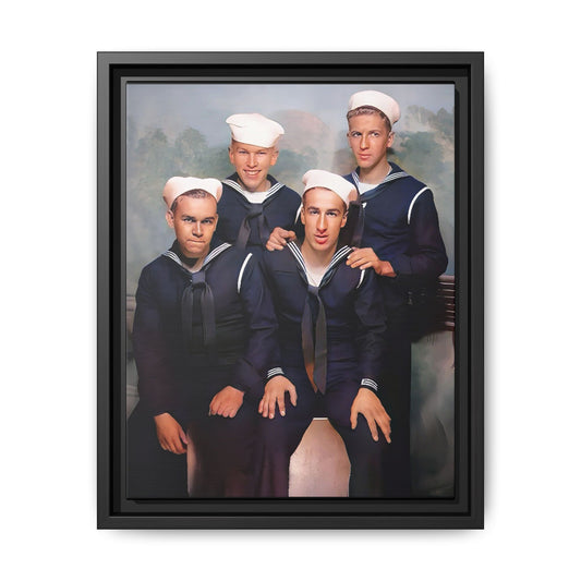 A framed vintage naval portrait on matte canvas featuring four sailors at Naval Station Great Lakes, capturing unity, service, and military pride.