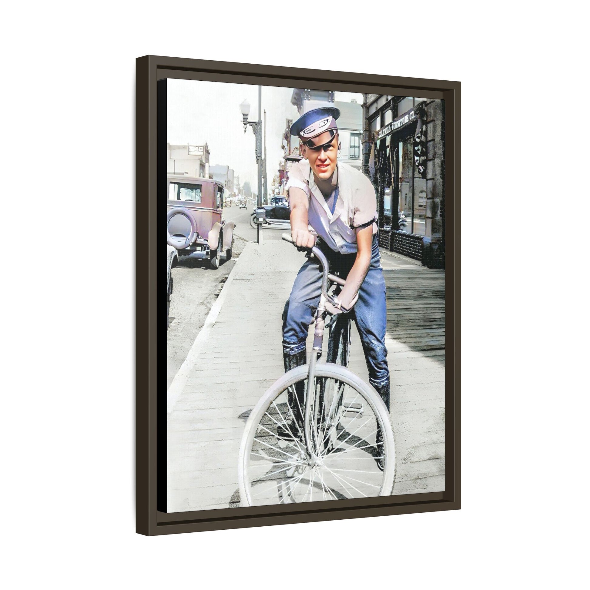 A framed vintage portrait on matte canvas featuring Cecil in Elk City, Oklahoma, capturing the spirit of 1930s small-town Americana. Classic Bicycle Photo