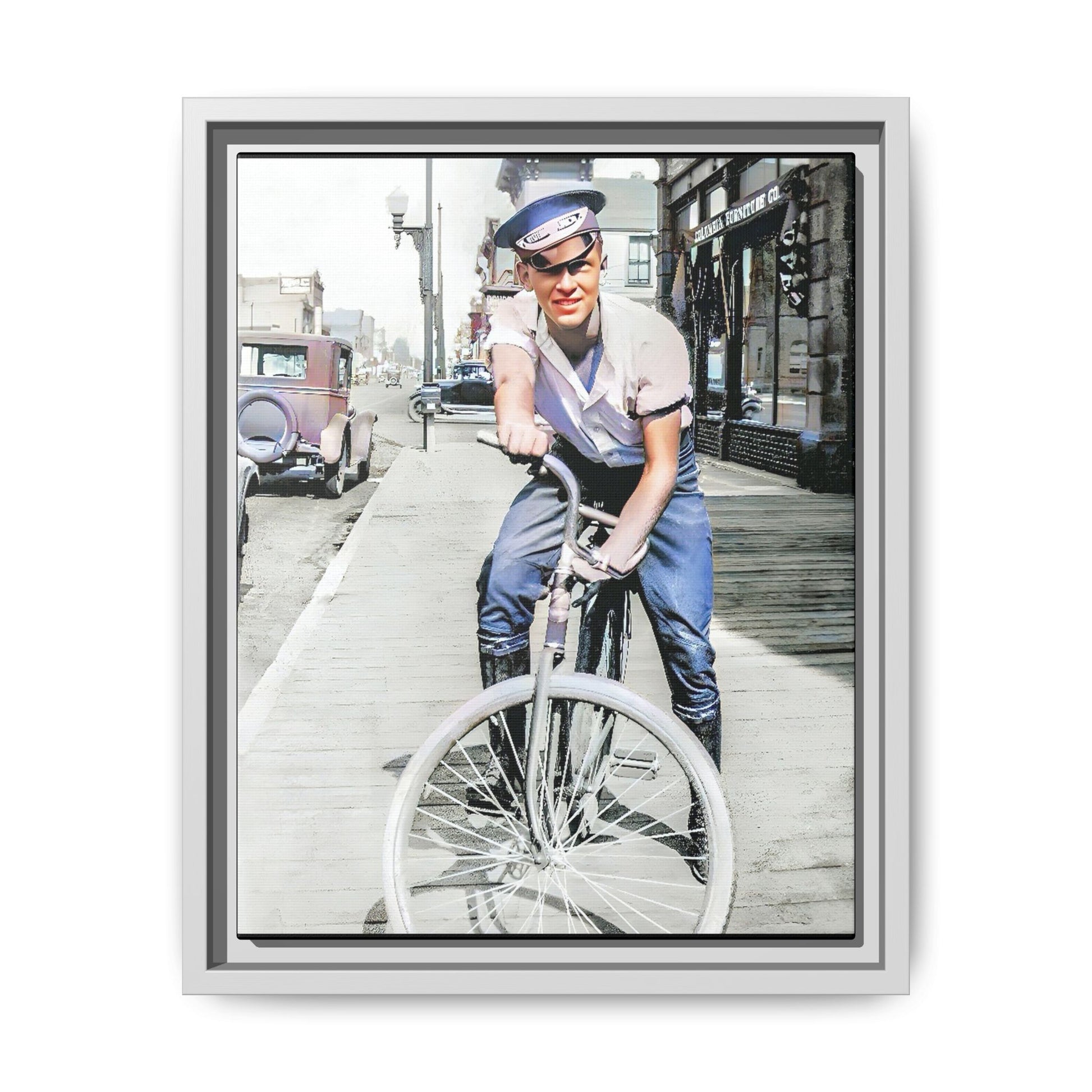 A framed vintage portrait on matte canvas featuring Cecil in Elk City, Oklahoma, capturing the spirit of 1930s small-town Americana. Classic Bicycle Photo