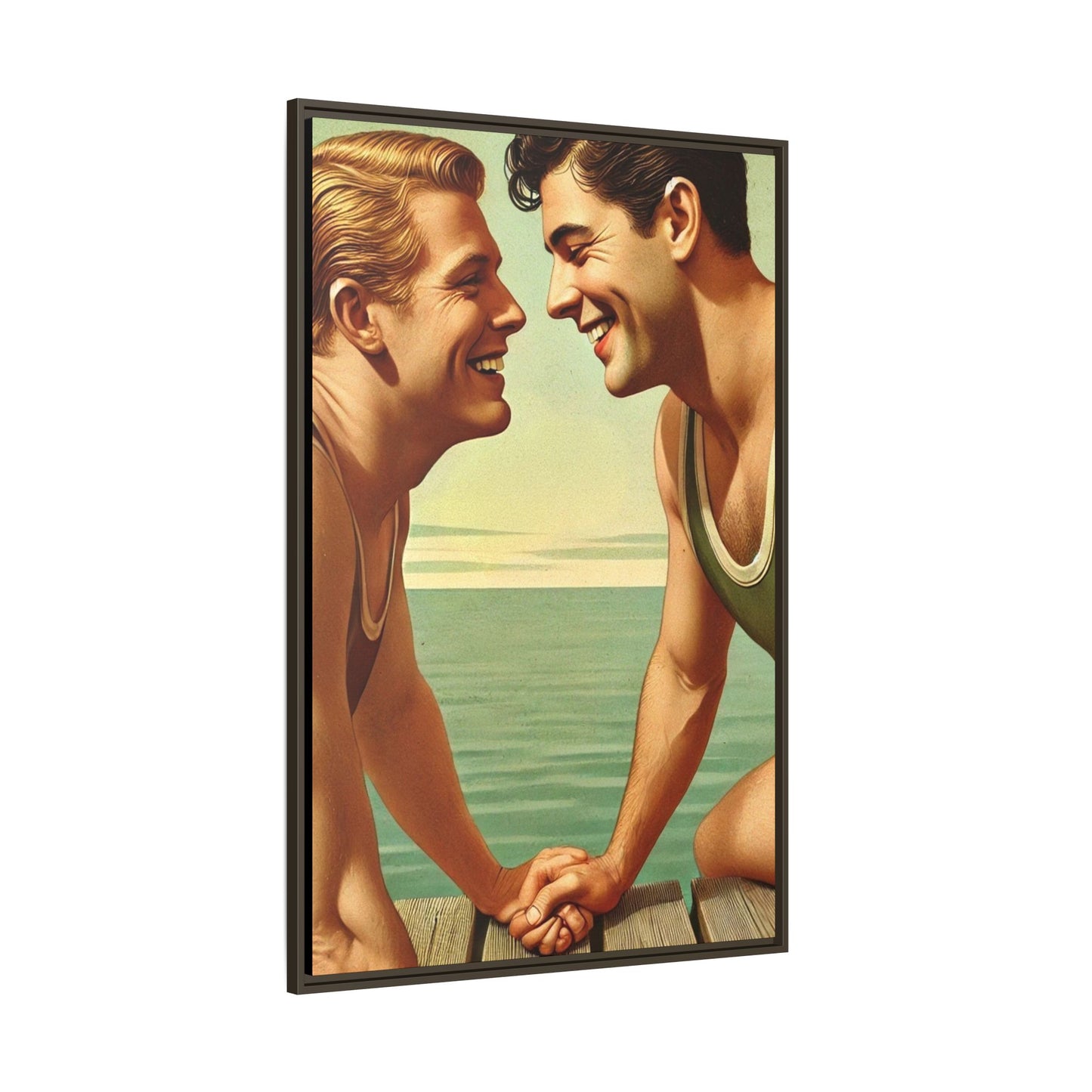 Vintage-style artwork of a joyful 1930s moment between a gay couple by the lake, dressed in classic swimwear and sharing warm smiles. Set on a serene wooden dock, this piece captures love, companionship, and LGBTQ+ history in an idyllic, nostalgic summer setting.