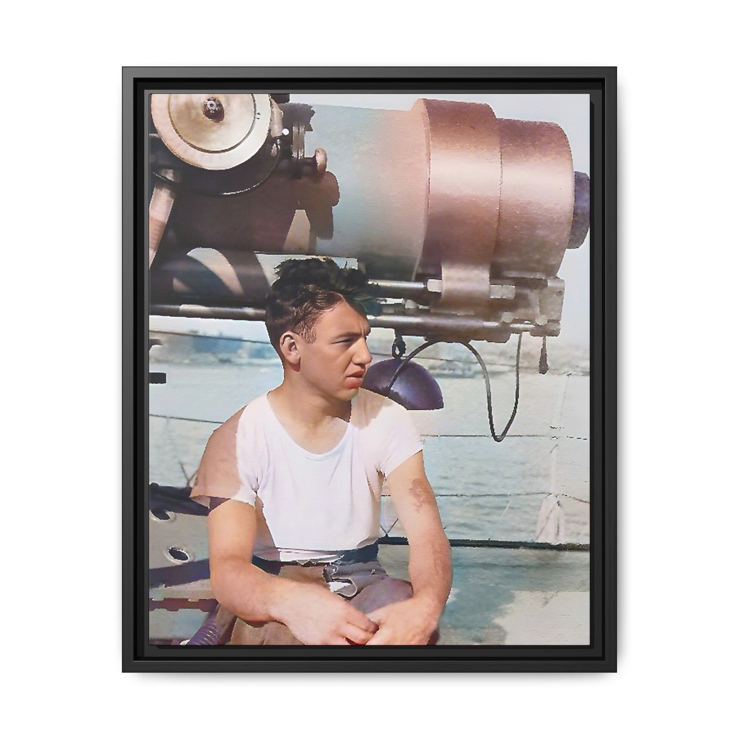 A restored vintage portrait of Harvey aboard the USS Oklahoma (BB-37). This framed matte canvas honors naval history, resilience, and service. Battleship Photo