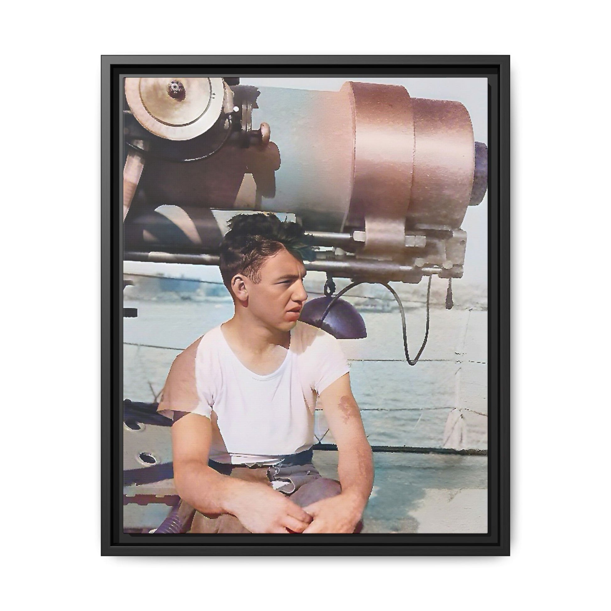 A restored vintage portrait of Harvey aboard the USS Oklahoma (BB-37). This framed matte canvas honors naval history, resilience, and service. Battleship Photo