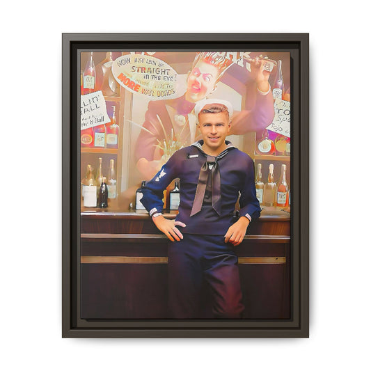 A restored WWII-era portrait of Charles at Brooklyn Navy Yard, New York. This framed matte canvas print captures the resilience and camaraderie of wartime sailors, featuring vintage war bond advertisements and classic Navy charm.