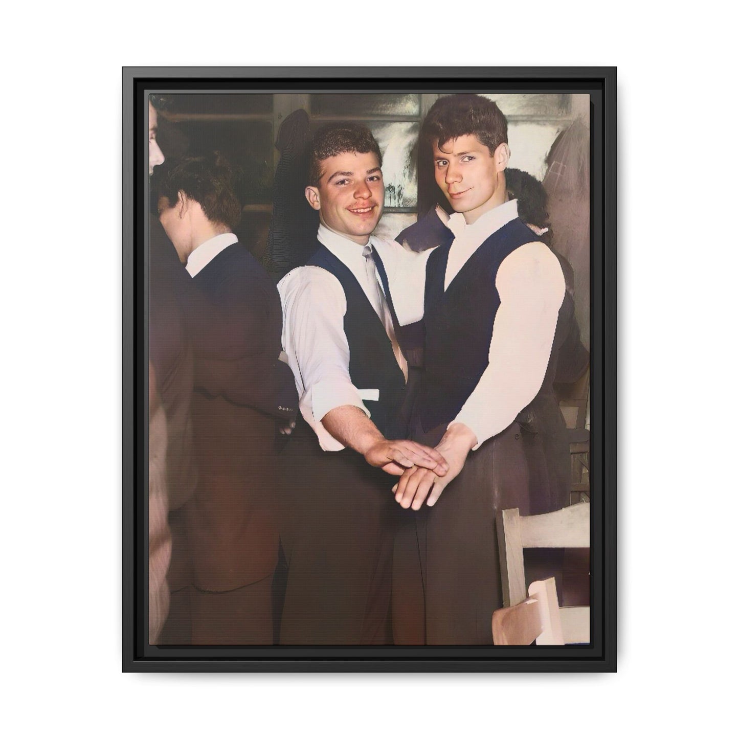Restored and colorized mid-20th century photo of Clarence and Francis dancing, celebrating LGBTQ+ love and resilience, framed as a matte canvas wall décor piece. Gay Couple