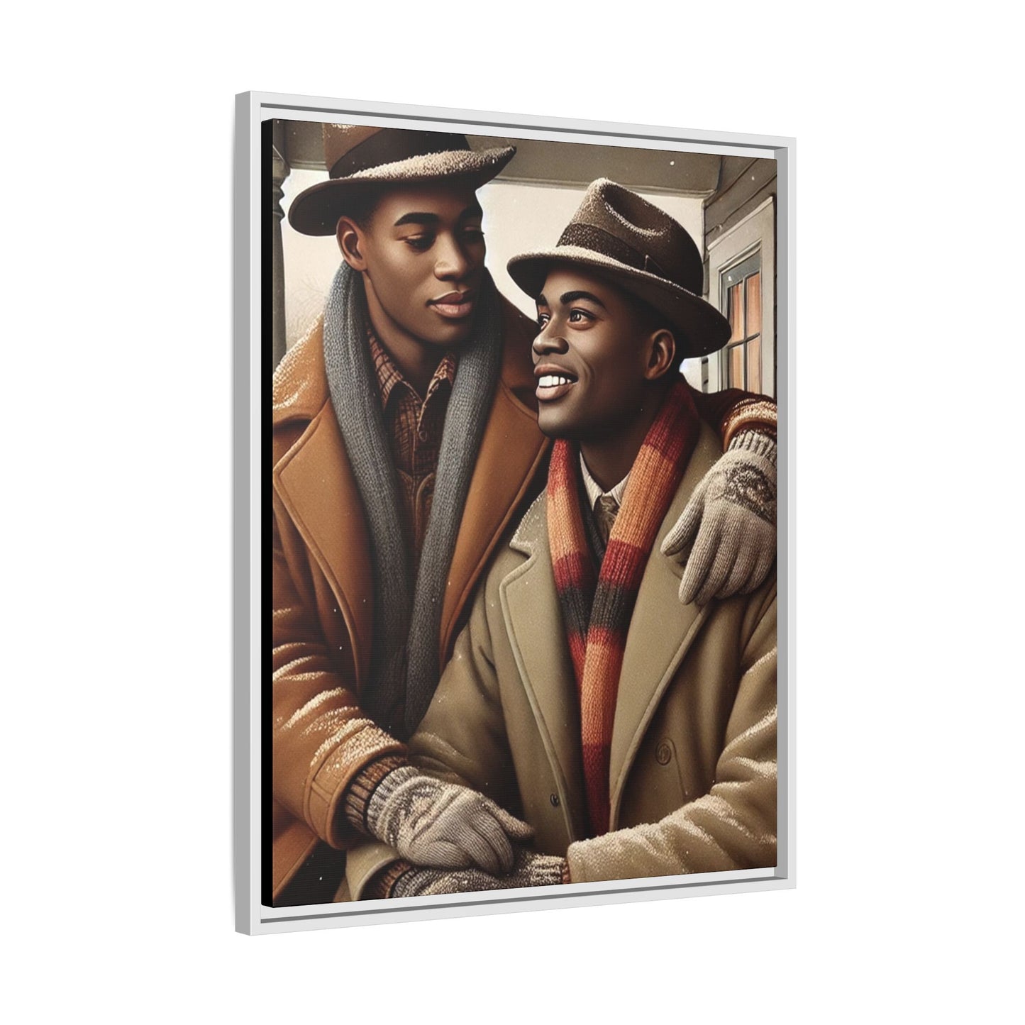Artwork of an African-American gay couple sharing a cozy winter moment on a porch. Dressed in vintage winter attire with fedoras, scarves, and warm coats, they exchange affectionate gazes amidst softly falling snow, capturing love, warmth, and intimacy in a nostalgic winter setting.