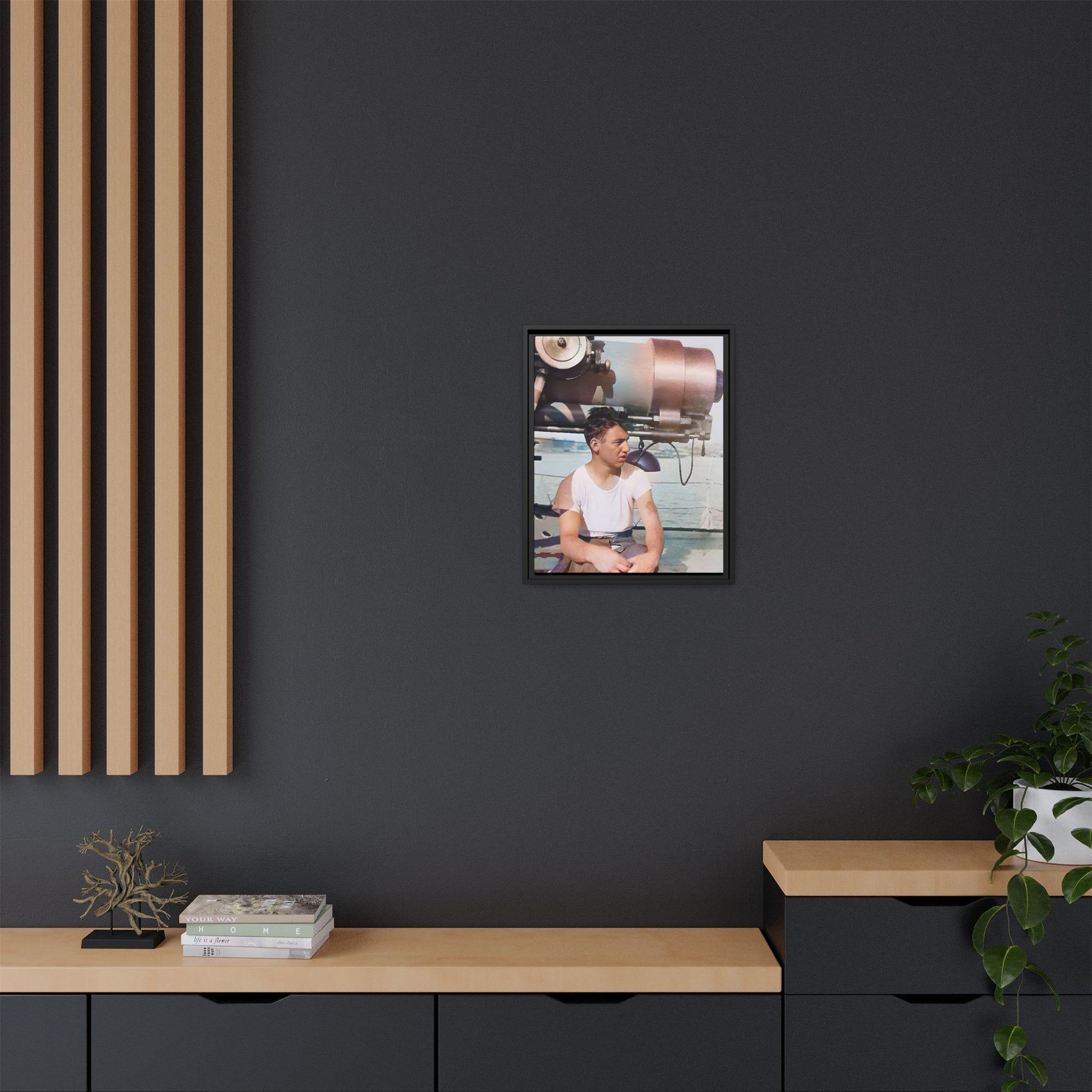 A restored vintage portrait of Harvey aboard the USS Oklahoma (BB-37). This framed matte canvas honors naval history, resilience, and service. Battleship Photo